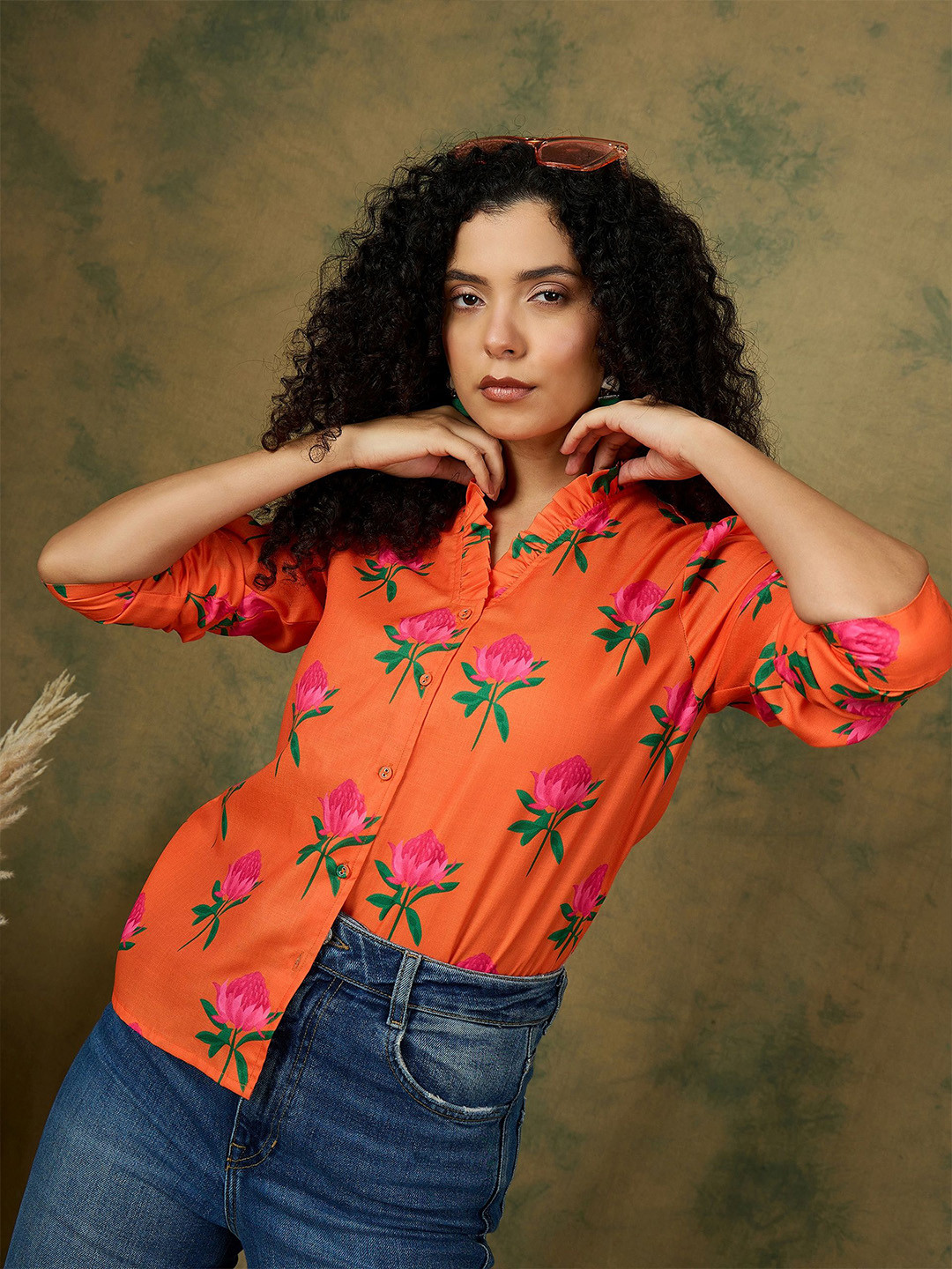 IVY BY KIBO Comfort Relaxed Fit Ruffled Neck Floral Printed Linen Shirt