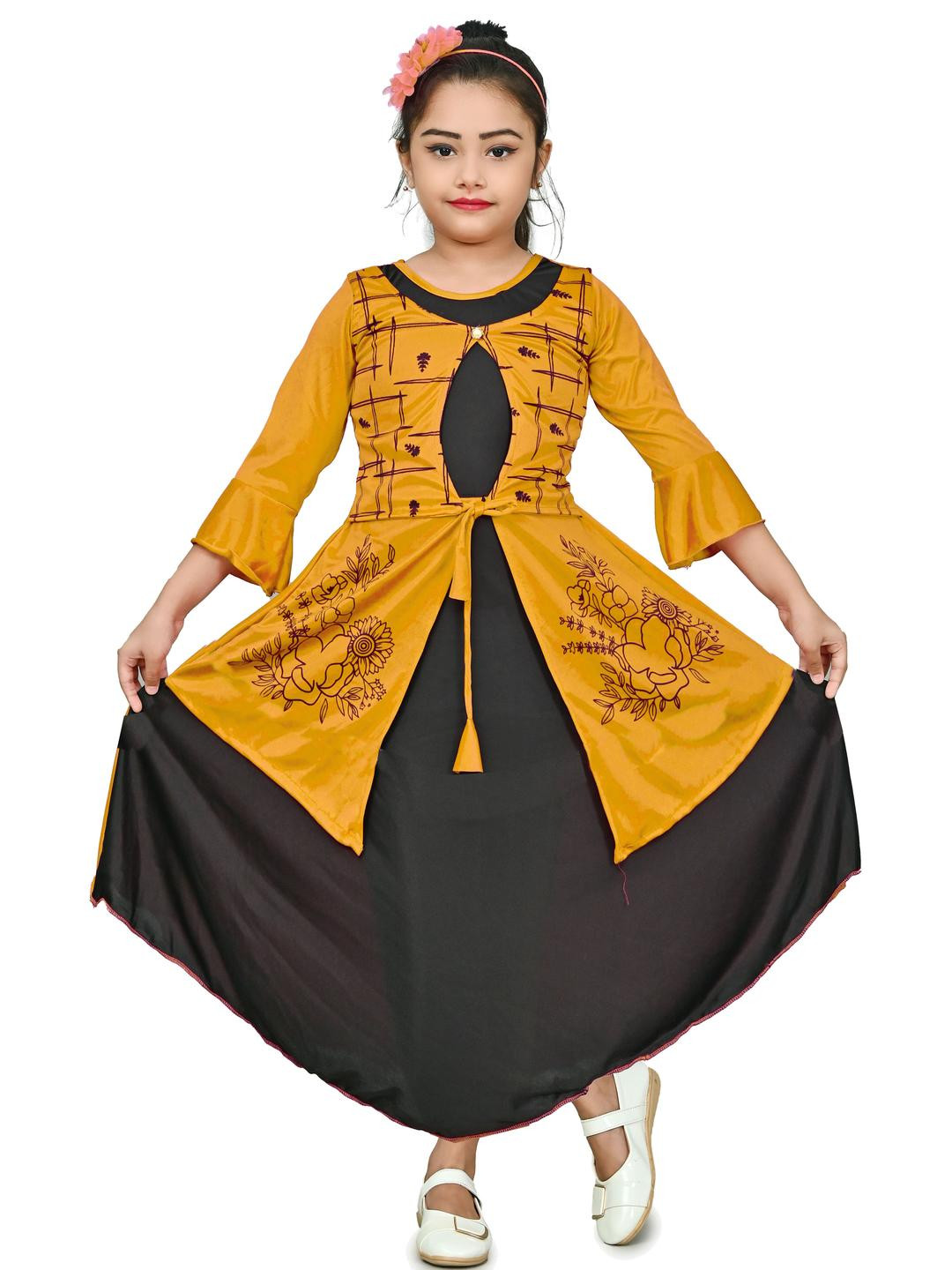 CHANDRIKA Girls Yellow & Black Printed Fit and Flare Maxi Party Dress