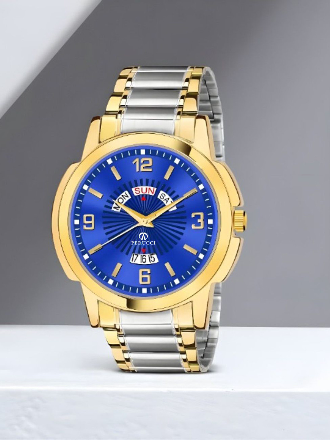 PERUCCI Men Textured Dial & Straps Date Aperture Analogue Watch P-440 Daul Tone Blue Date