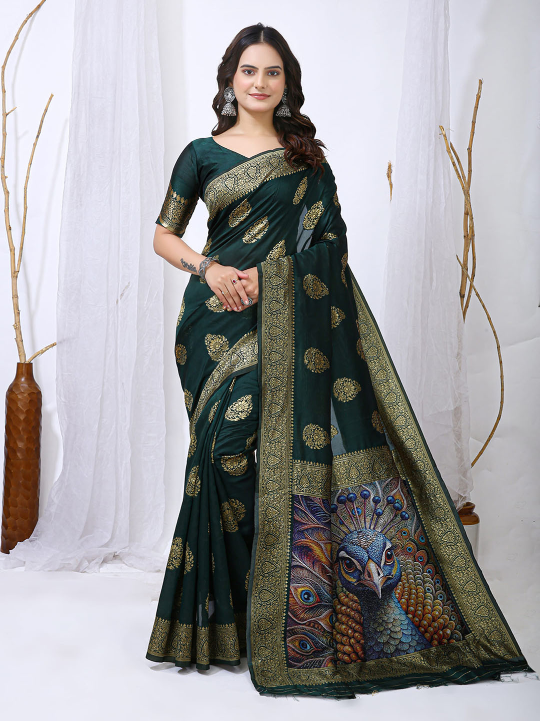 V3 FASHION STUDIO  green silk jacquard butta digital print pallu saree