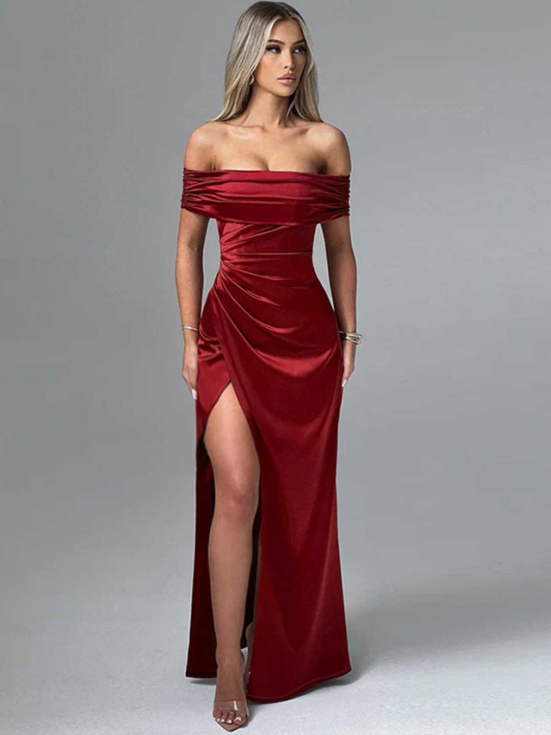 StyleCast x Revolte Off-Shoulder Sheen Slit Bodycon Maxi Dress