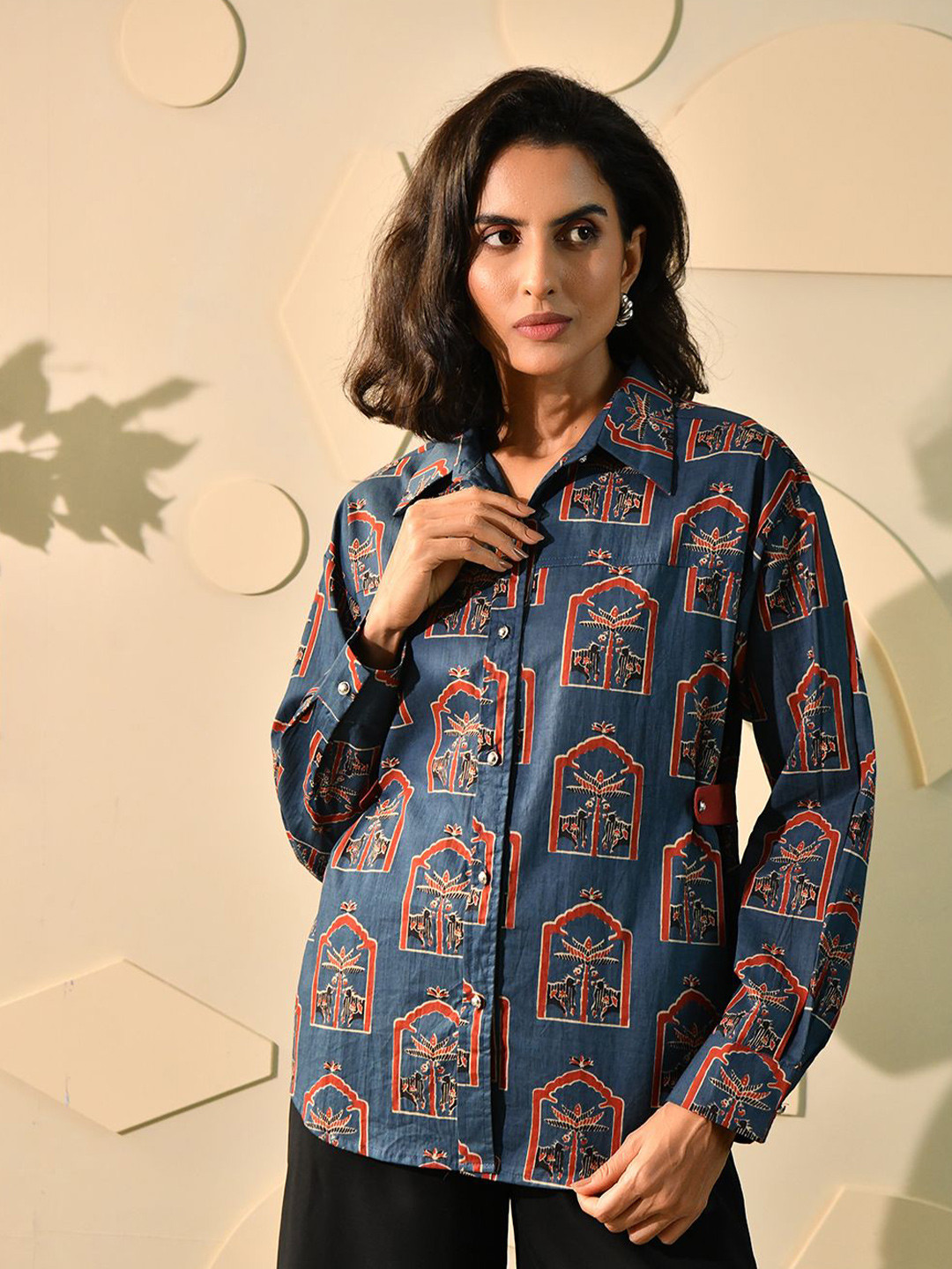 BAESD Women Heritage Charm Conversational Printed Oversized Fit Crisp Cotton Casual Shirt