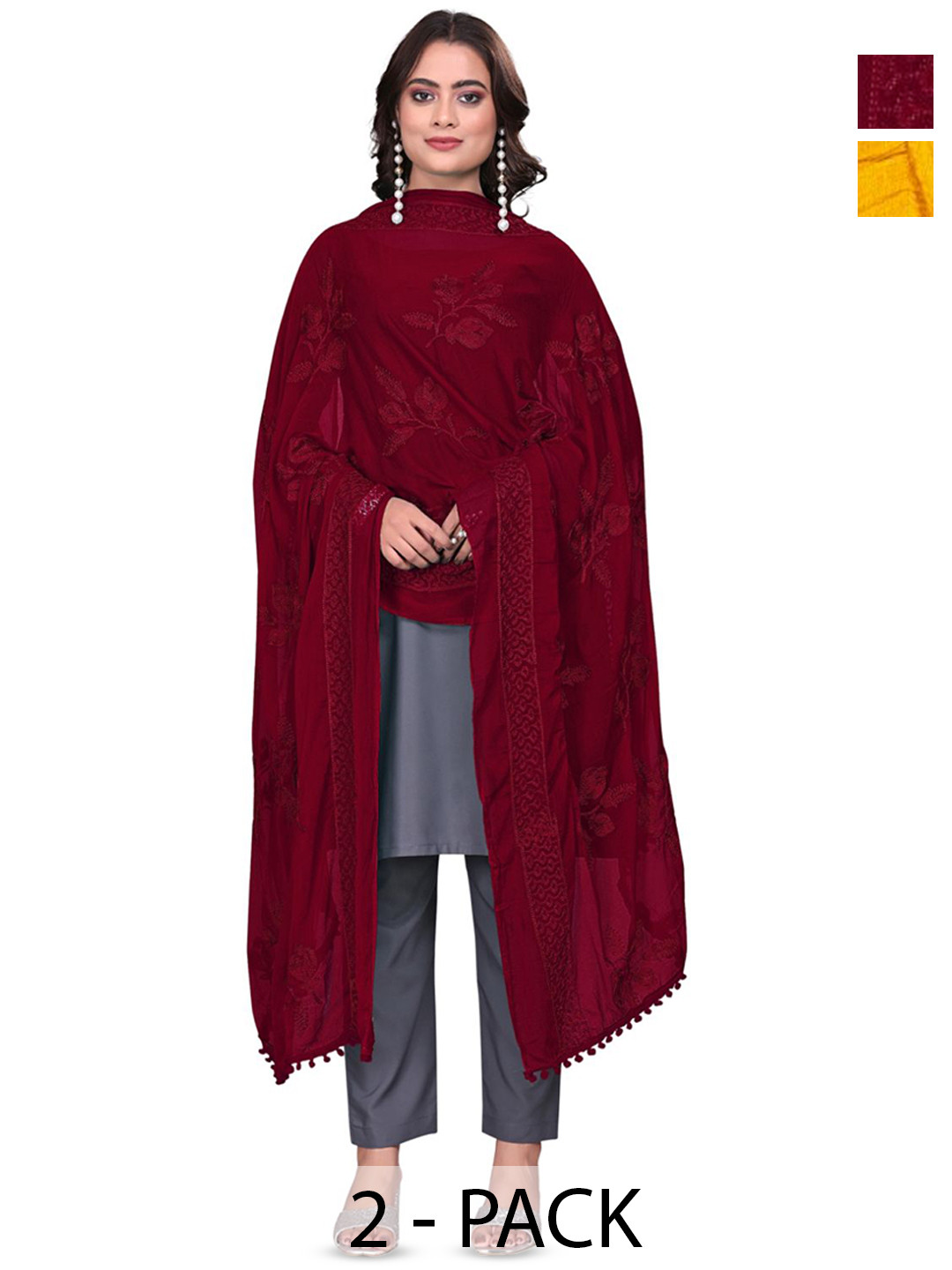 Kemza Selection Of 2 Floral Embroidered Chiffon Phulkari Dupattas