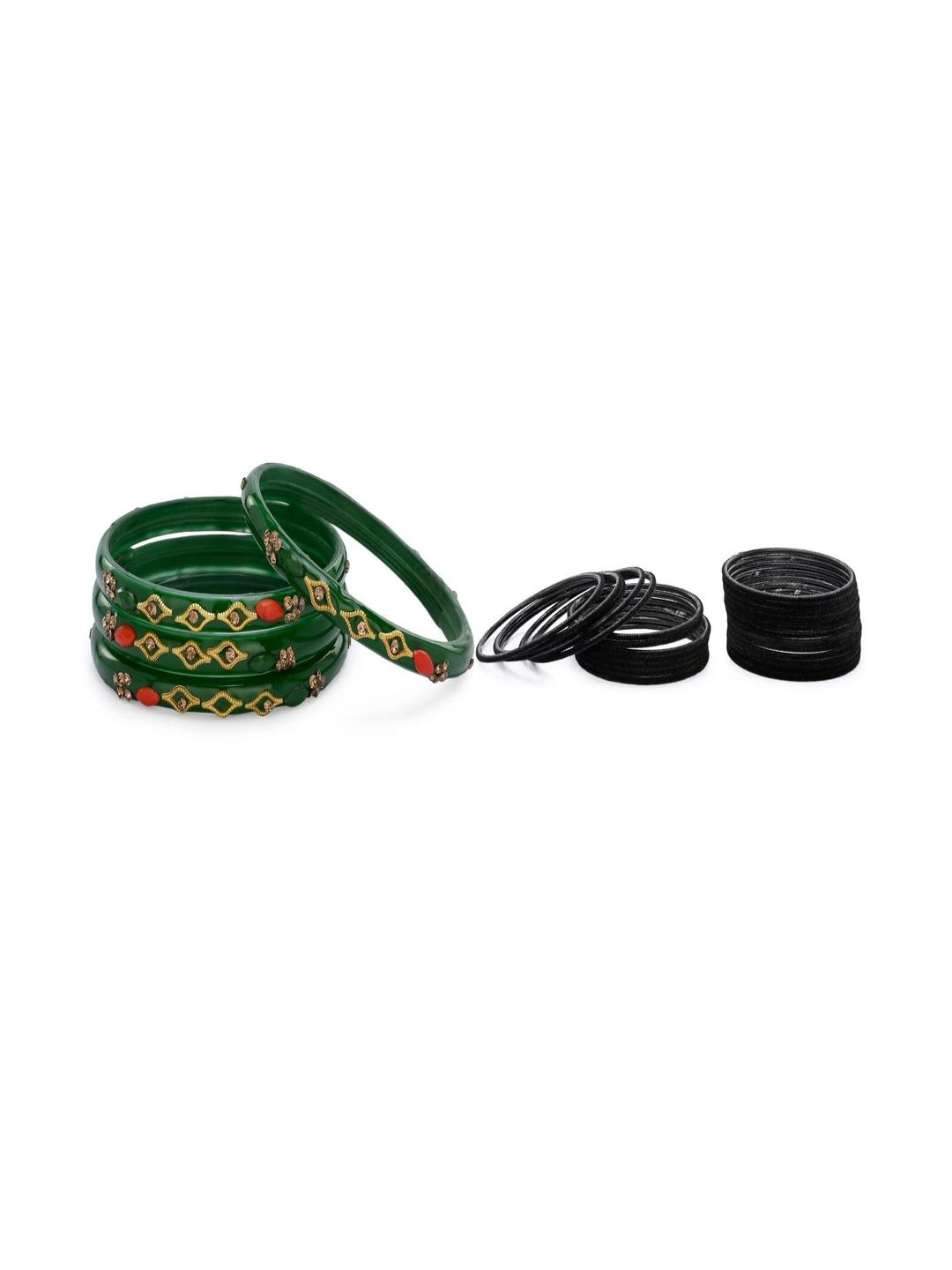 SOMIL Set Of 28 Green and black Alloy Bangles