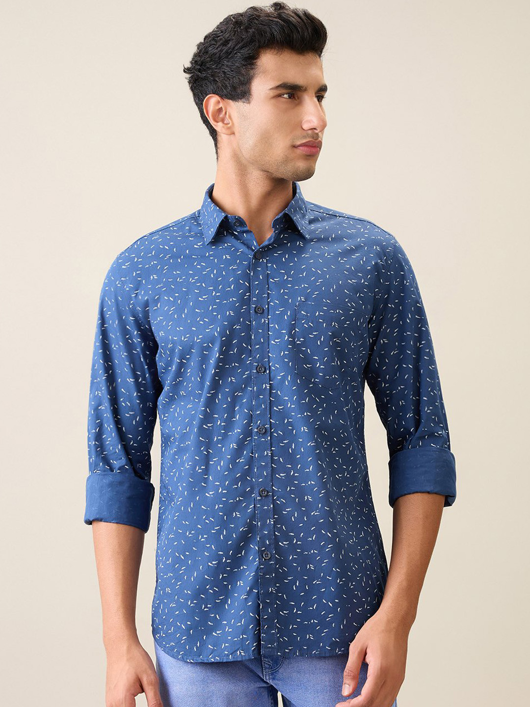 Parx Men Slim Fit Micro Ditsy Printed Long Sleeve Cotton Shirt