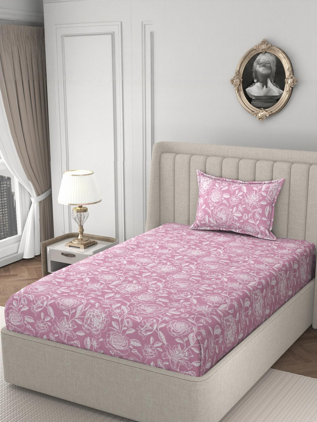 HIDECOR Pink & White Floral Print Microfiber 210 TC Single Bedsheet With 1 Pillow Cover