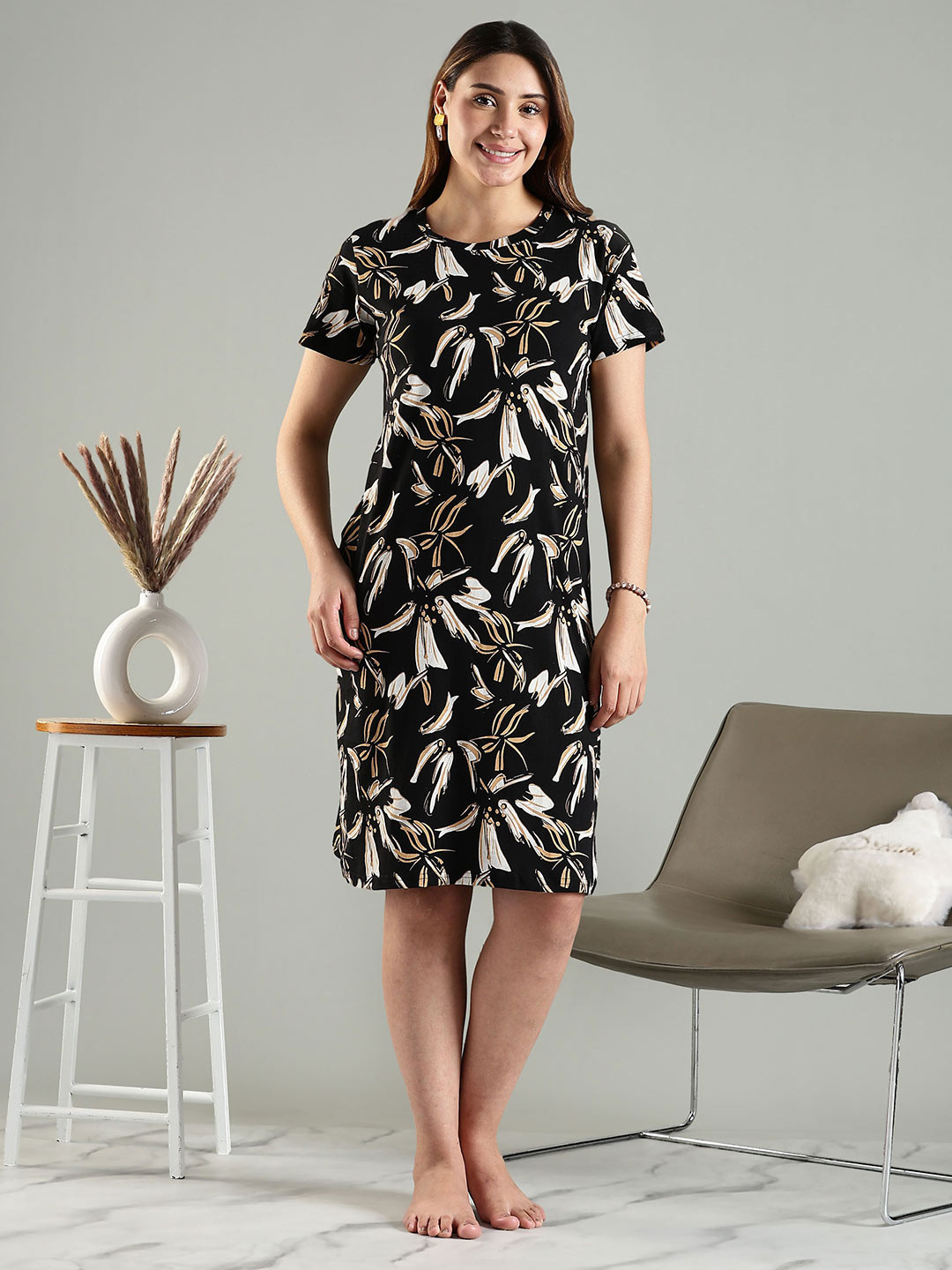 9shines Label Women Plus Size Floral Printed Round Neck Pure Cotton T-shirt Nightdress