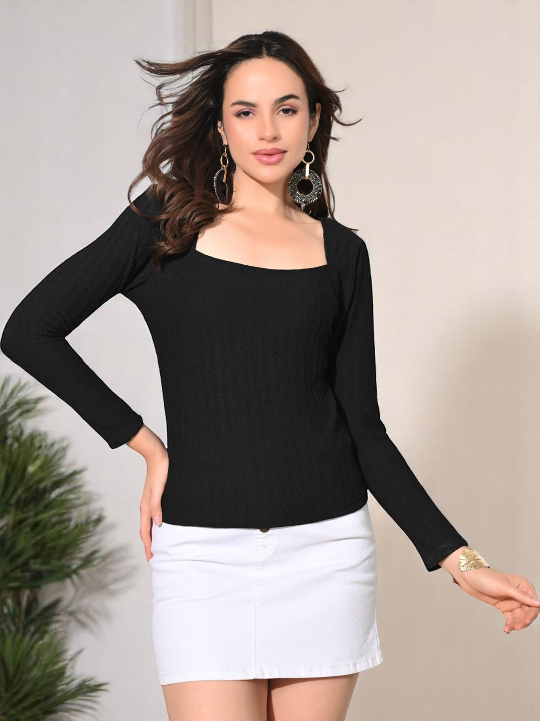 SFOTY Women Self Design Square Neck Long Sleeve Fitted Top