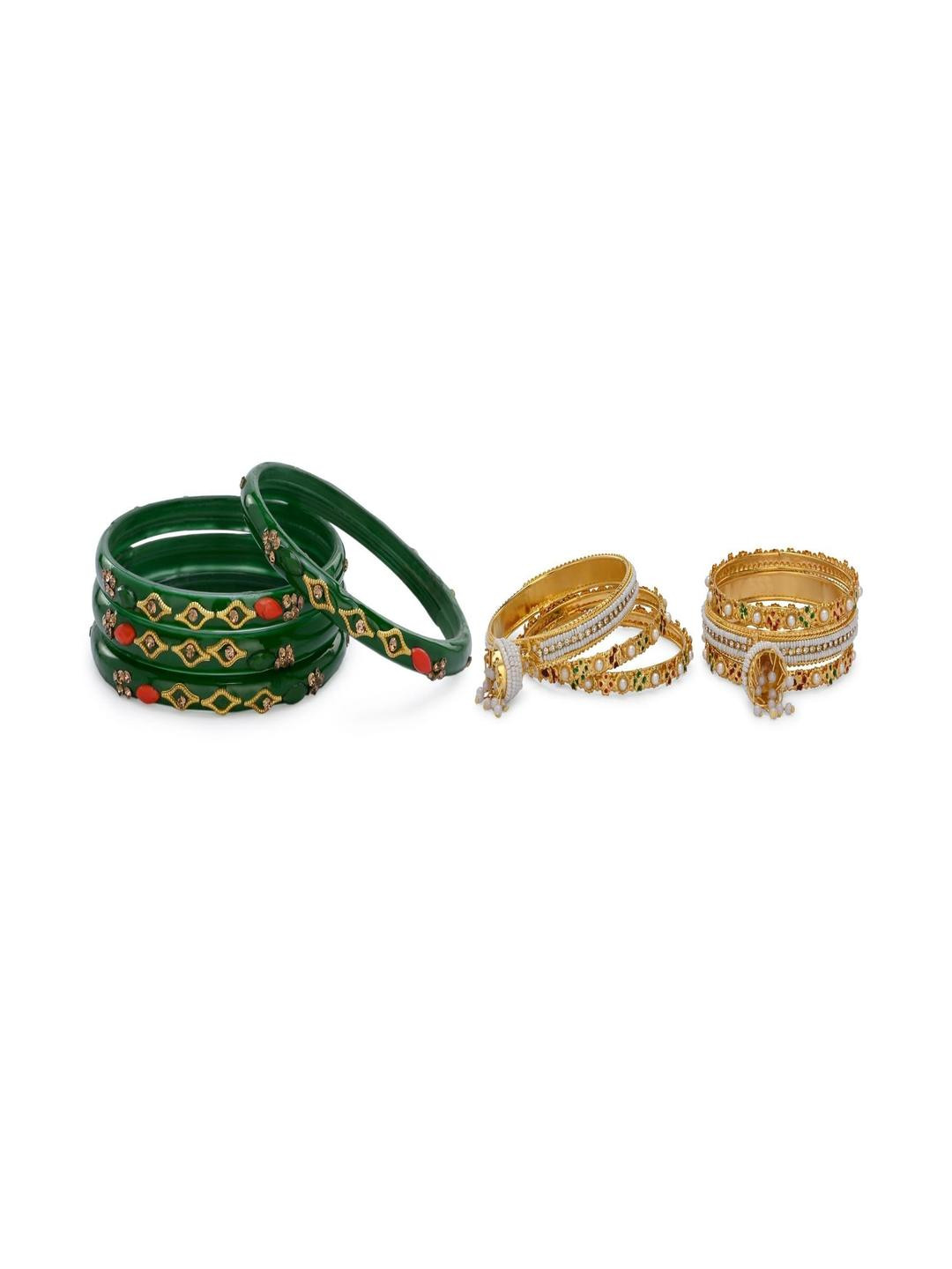 SOMIL Set Of 10 Green & Gold Alloy Artificial Stones & Beads Bangles