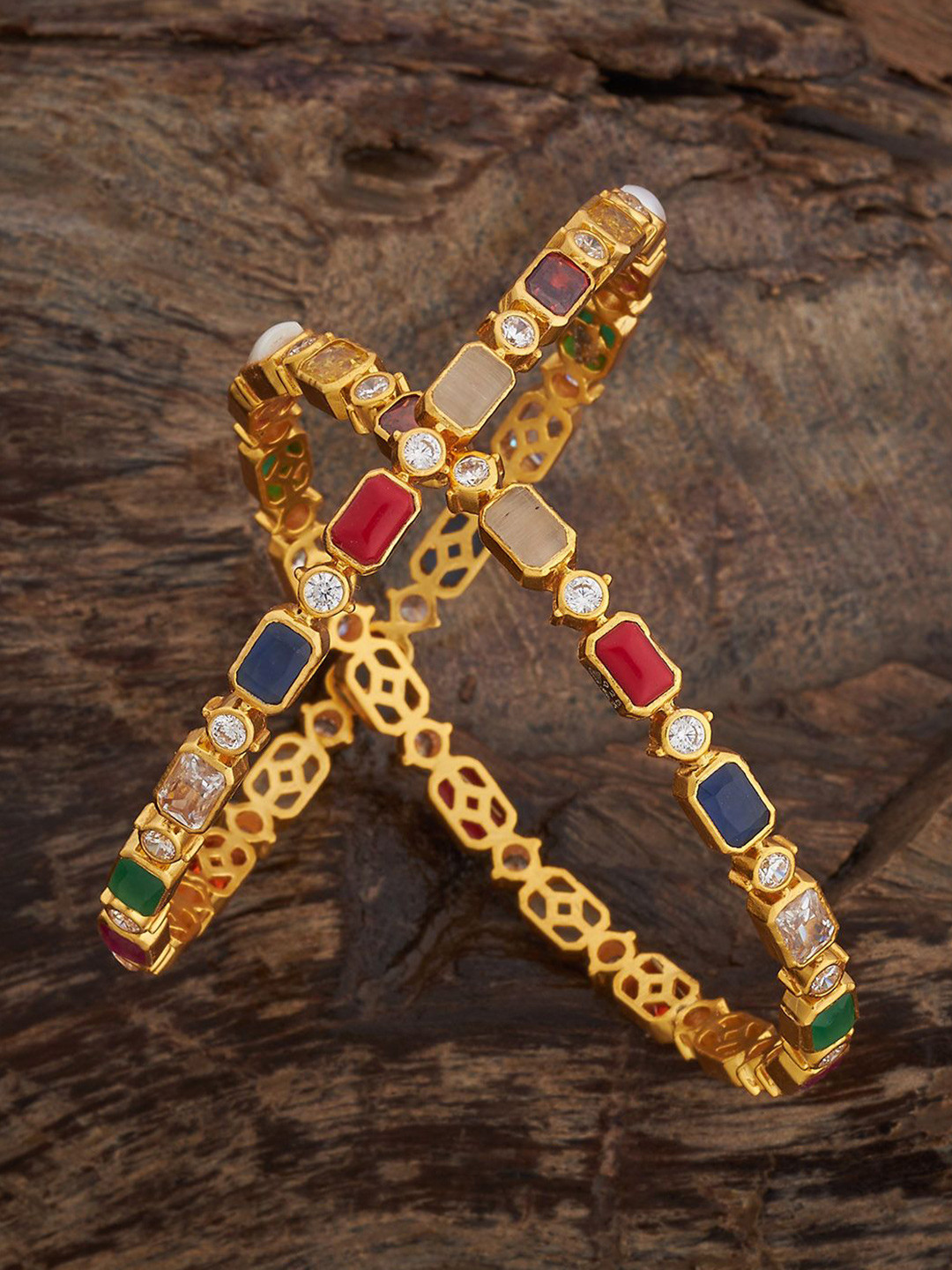 Kushal's Fashion Jewellery Embellished Bridal Set Of 2 92.5 Gold-Plated Navaratna Bangles