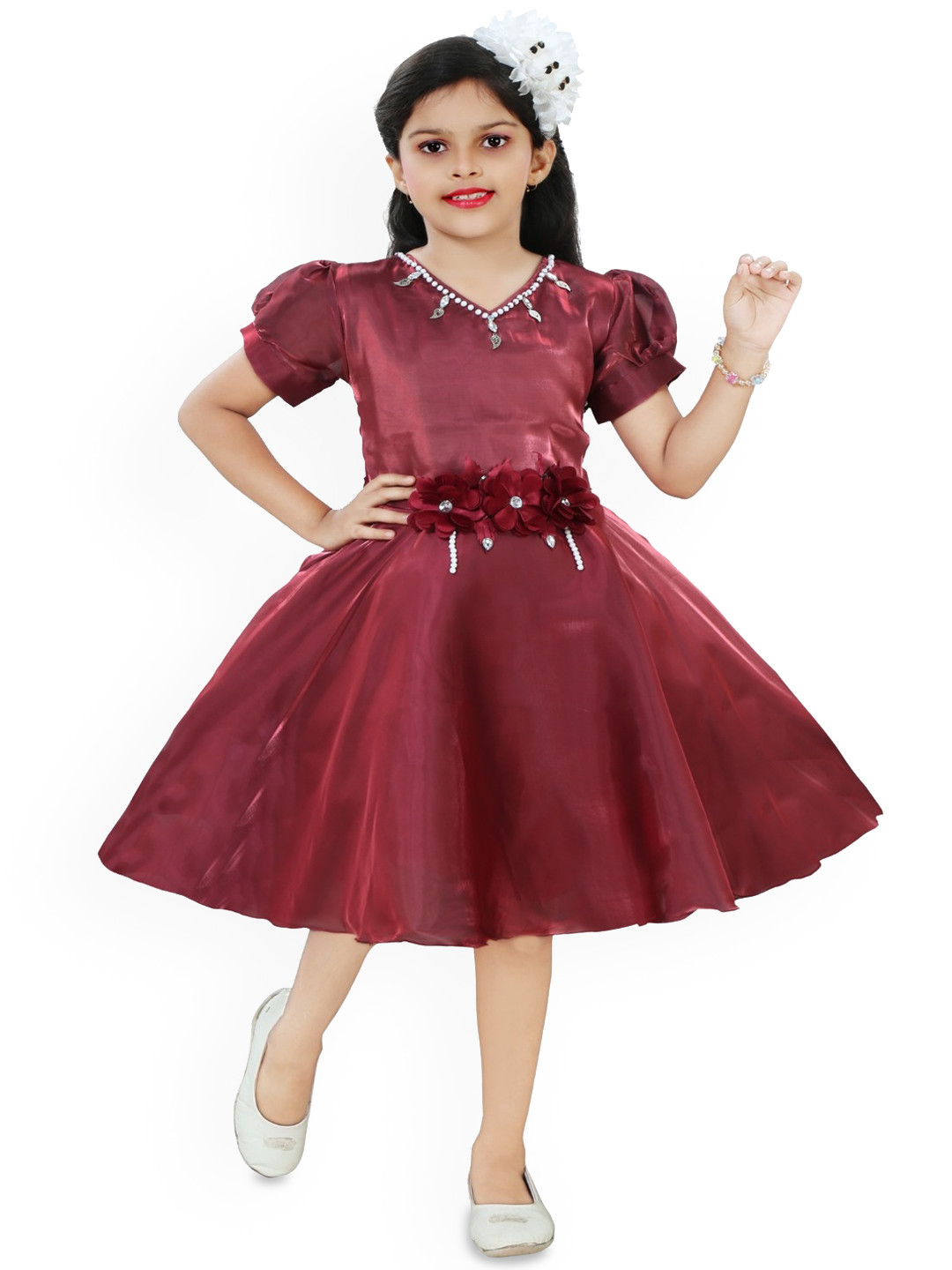 T Sumaita Dresses Girls Puff Sleeve Satin Fit & Flare Dress