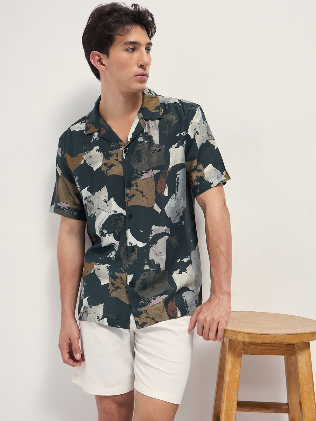 THE BEAR HOUSE Abstract Digital Printed Cuban Collar Relaxed Fit Casual Shirt
