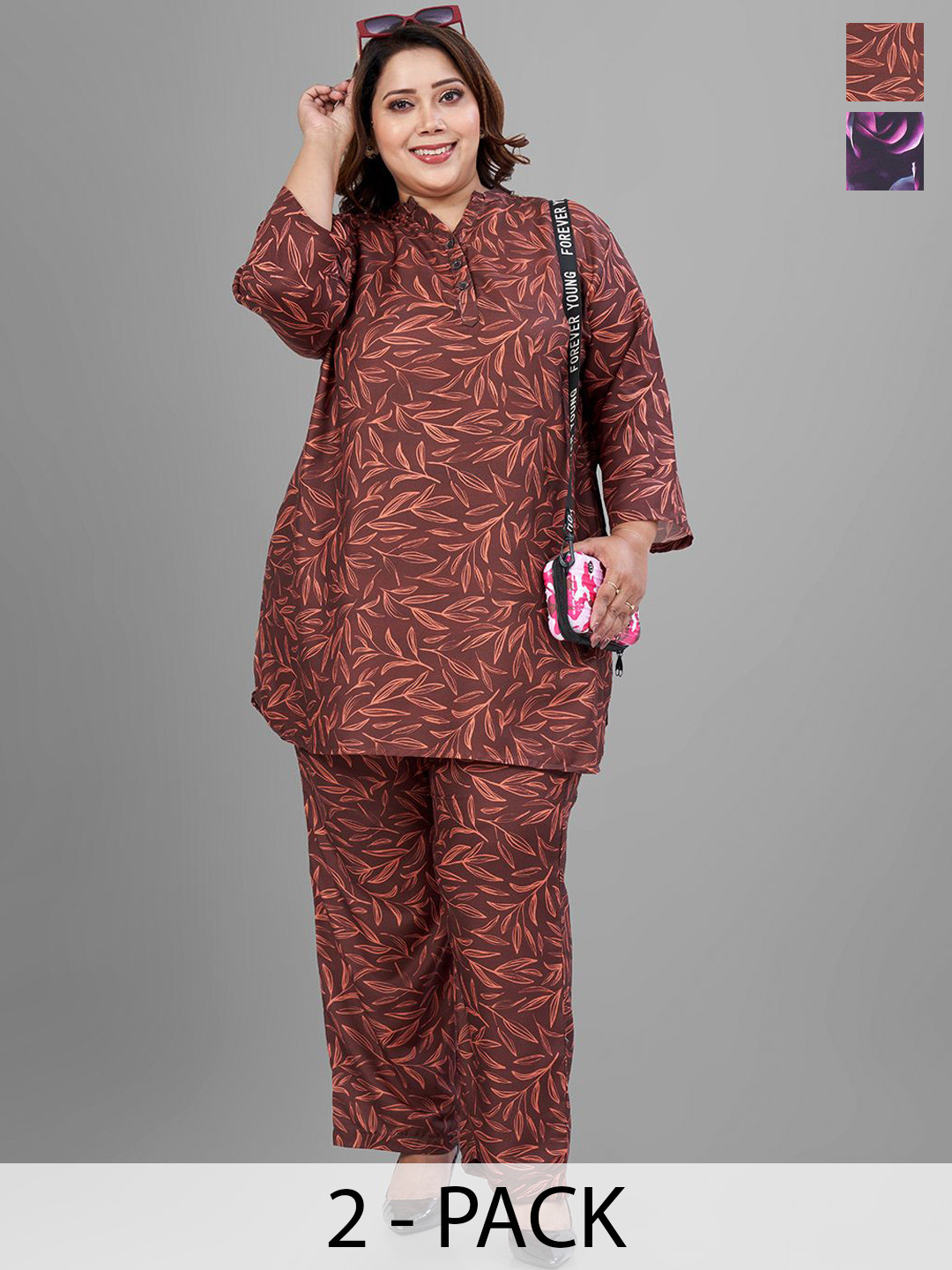 TITTLI Pack Of 2 Plus Size Floral Printed Mandarin Collar Tunic With Trousers