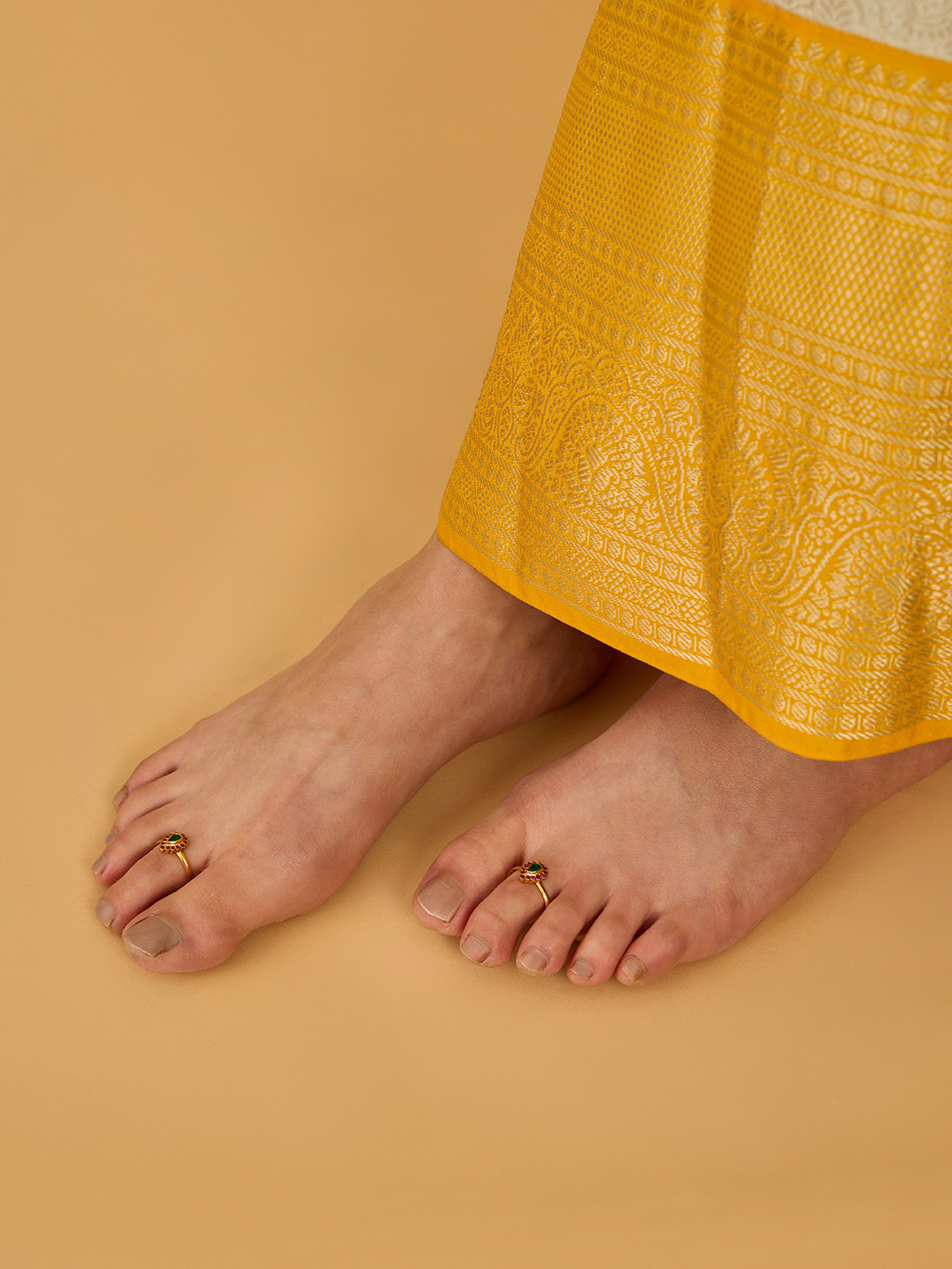 Kushal's Fashion Jewellery Ruby-Green Gold-Plated Ethnic 92.5 Pure Silver Temple Toe Rings