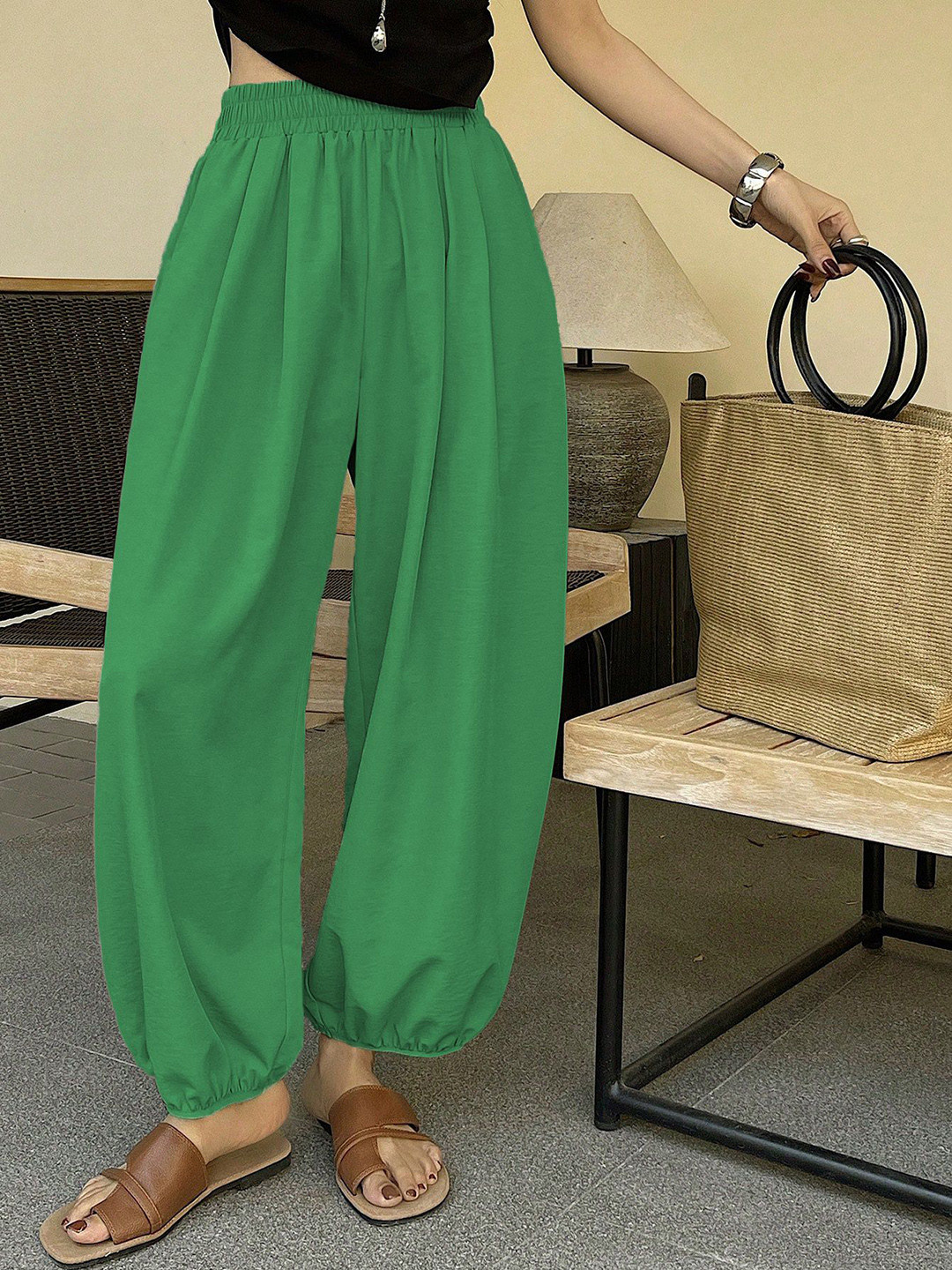 Kotty Women Relaxed Fit High-Rise Balloon Pants Trousers with Elasticated Hem