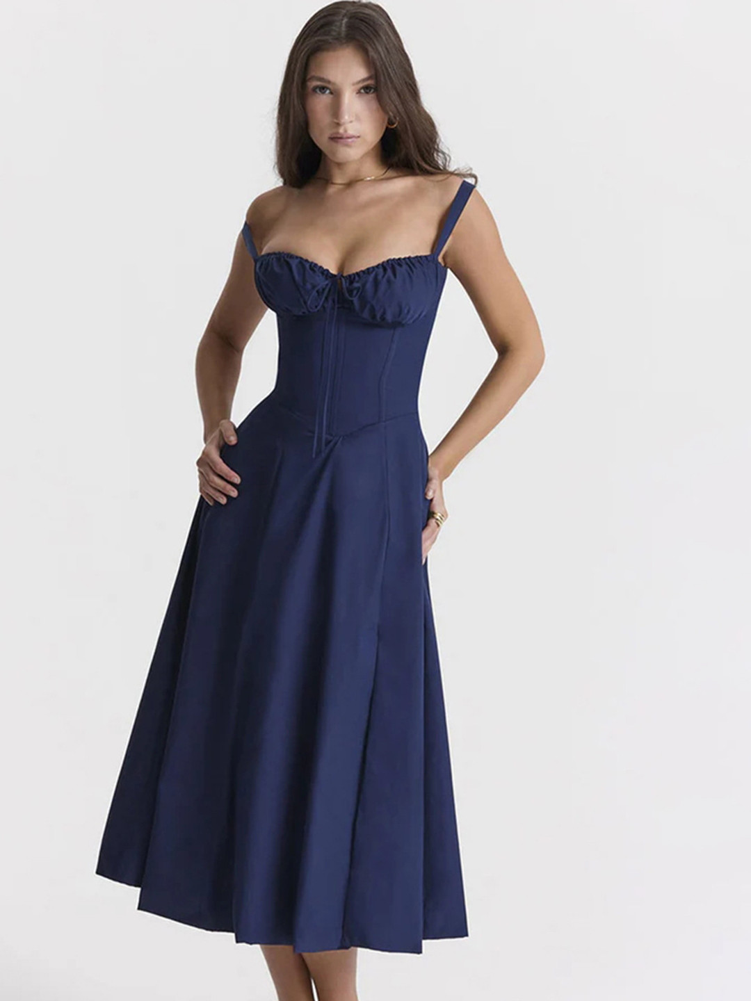 Navy Blue Solid Midi Fit & Flare Dress