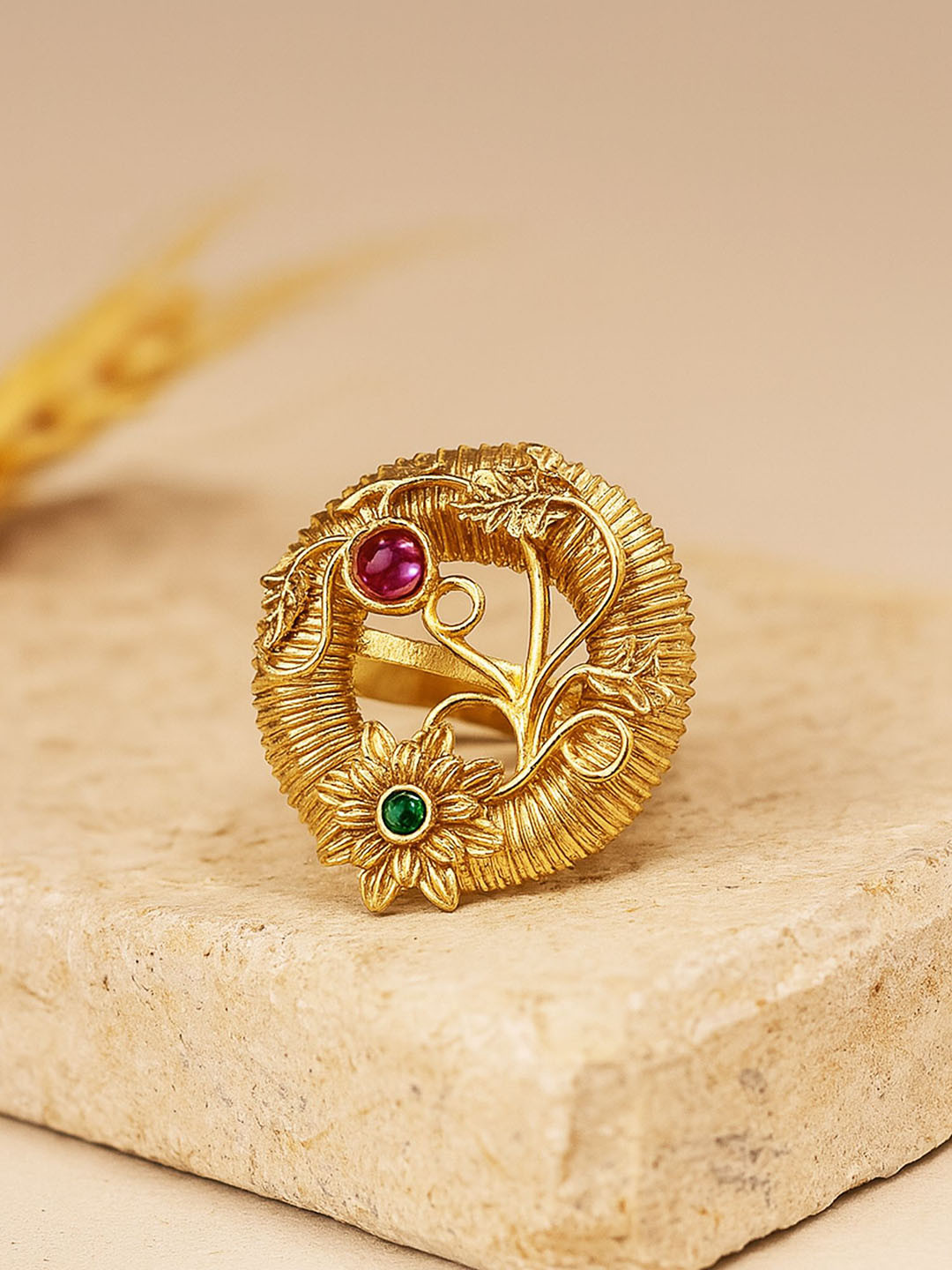 KARATCART Gold-Plated Stone-Studded Round Floral Design Finger Ring