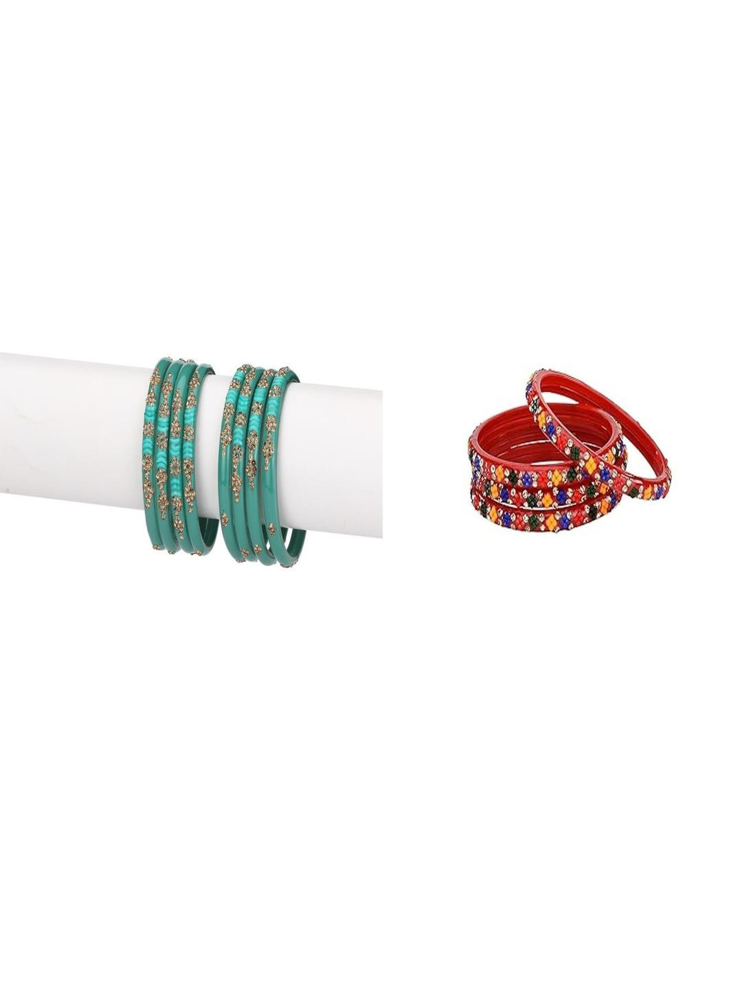 SOMIL Set Of 12 Turquoise Blue And Multicolor Glass Artificial Stones & Beads Bangles