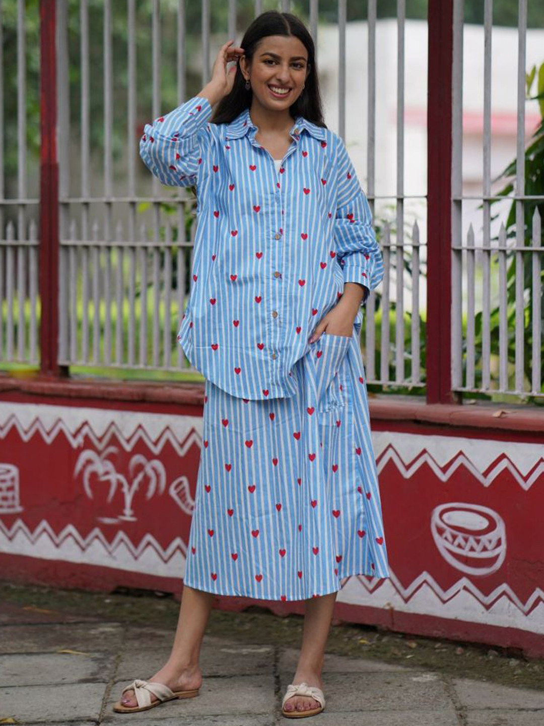 The Quince Life Heartbeat Striped Shirt With Midi Skirt Co-ord Set