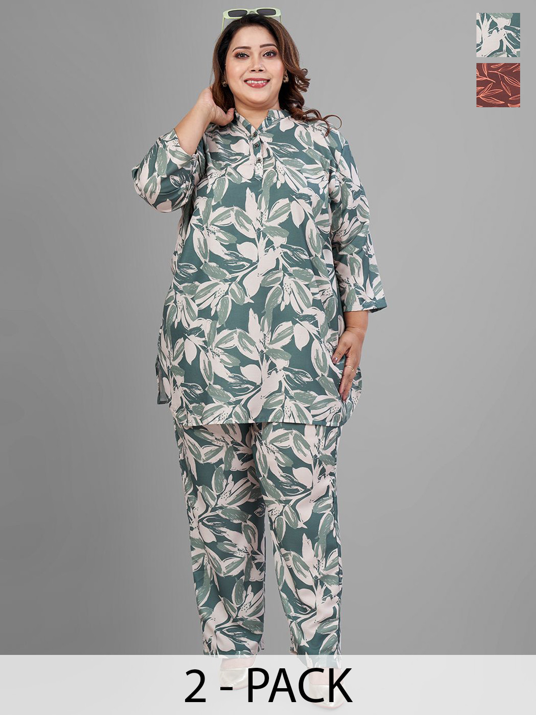 TITTLI Pack Of 2 Plus Size Printed Mandarin Collar Tunics & Trousers