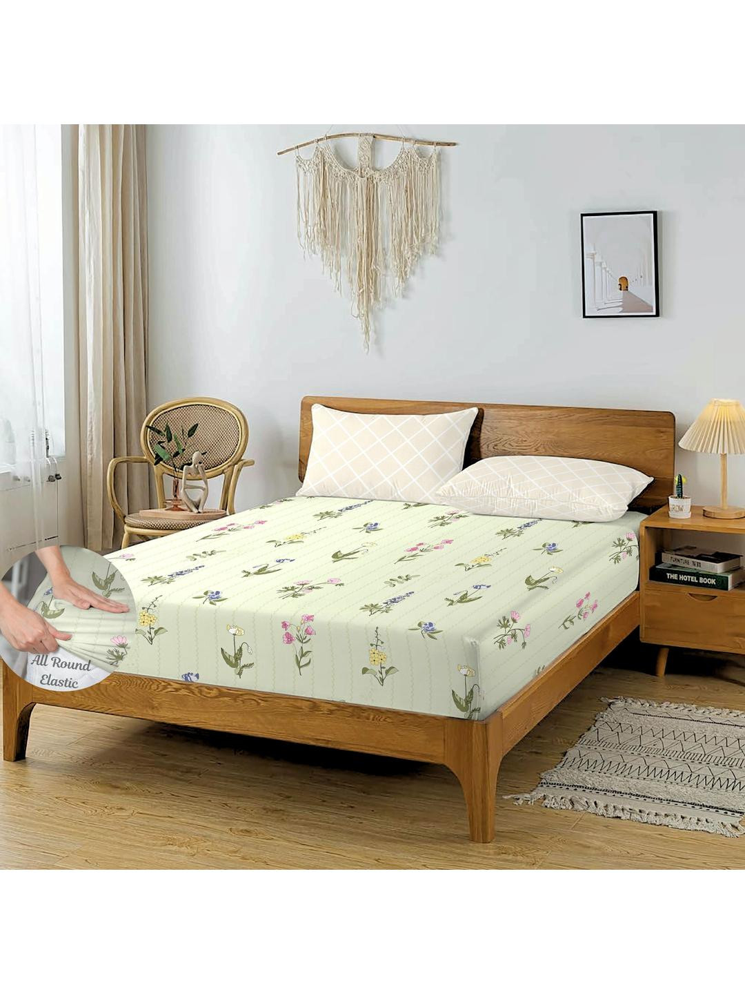 HIDECOR Super soft glace cotton printed elastic fitted bedsheet with 2 pillow cover
