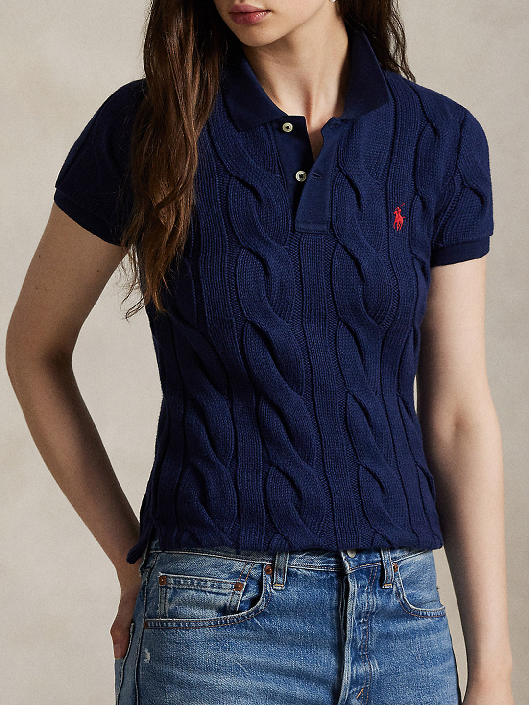 Polo Ralph Lauren Navy Cable-Knit Cotton Polo Shirt