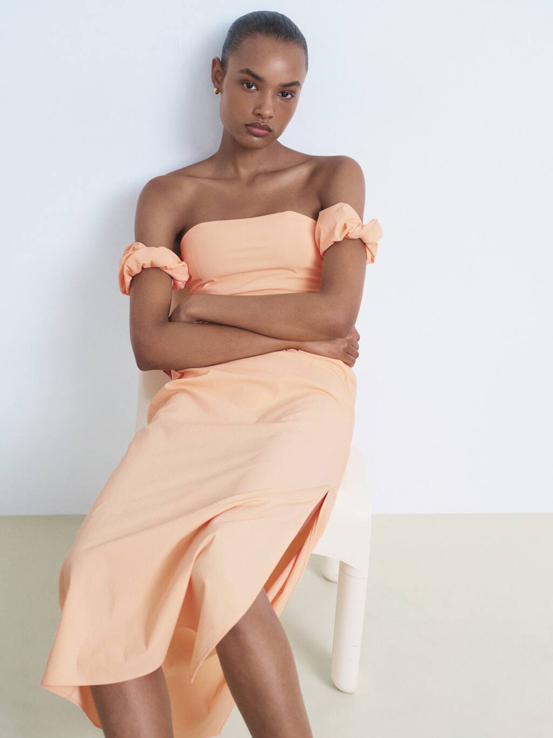 MANGO Off-Shoulder Side Slit A-Line Midi Dress