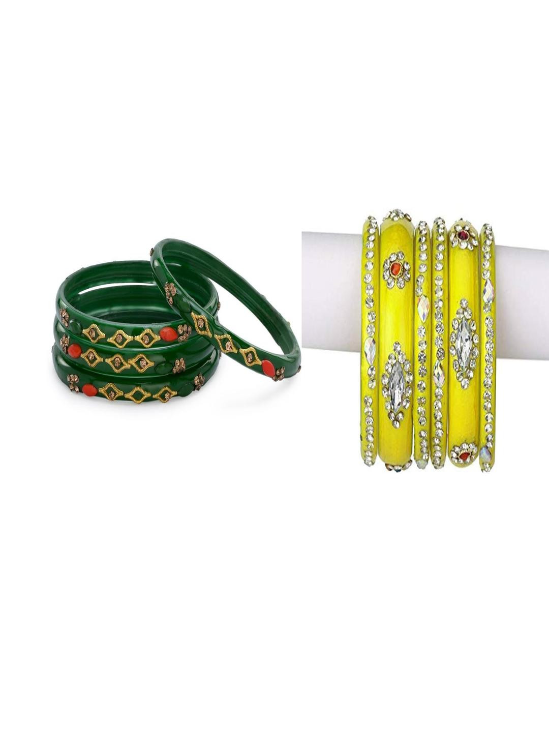 SOMIL Set Of 10 Green And Yellow Glass Artificial Stones & Beads Bangles