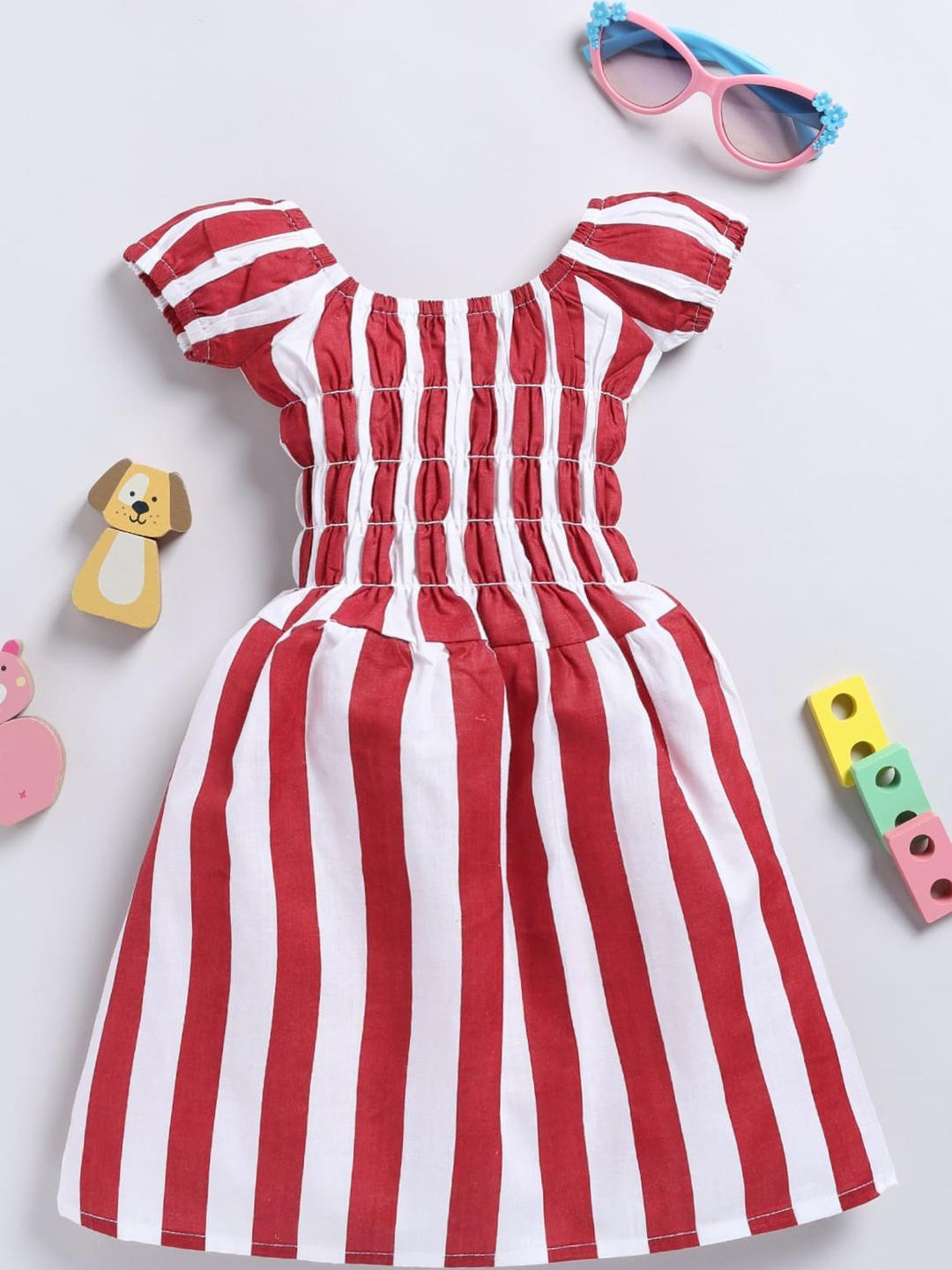 CHANDRIKA Girls Red & White Striped Puff Sleeve Fit & Flare Dress