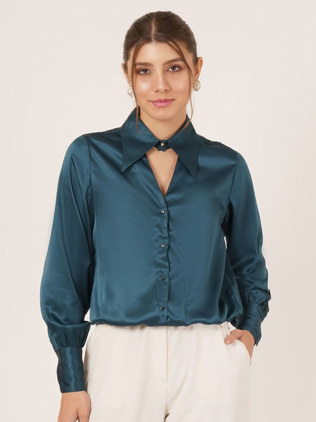 BAESD Women Cuffed Sleeves Satin Shirt Style Top