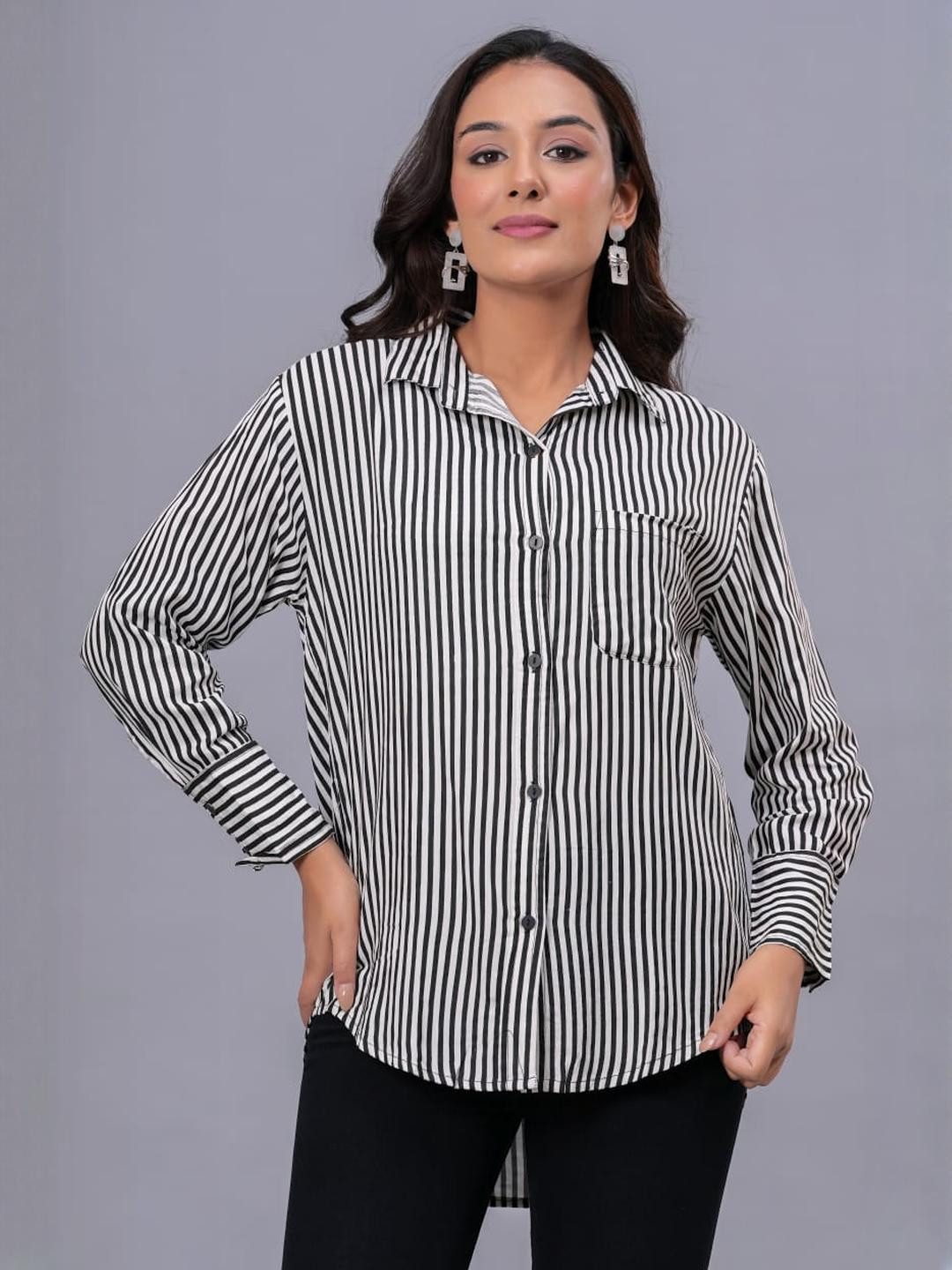 FANCIFY Women Black & White Striped Regular Fit Casual Shirt