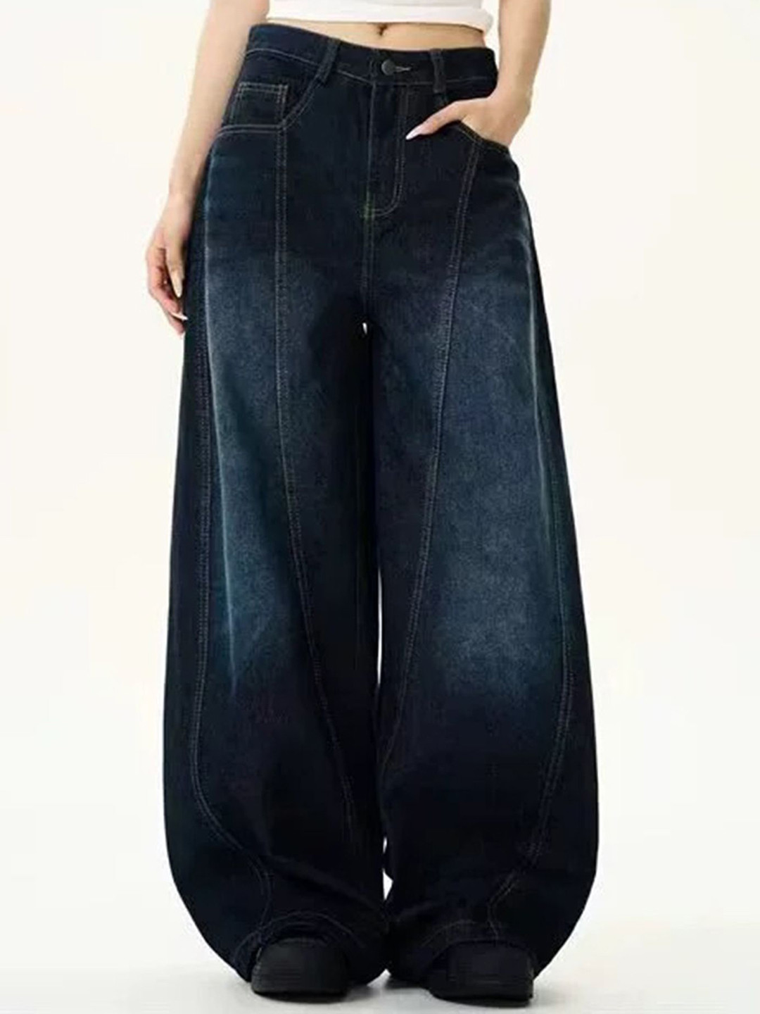 LULU & SKY Women Wide Leg Low-Rise Light Front Seam Fade Jeans