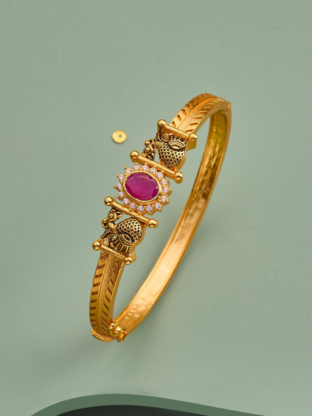Kushal's Fashion Jewellery Ruby Gold-Plated Ethnic 92.5 Pure Temple Silver Kada Bangle