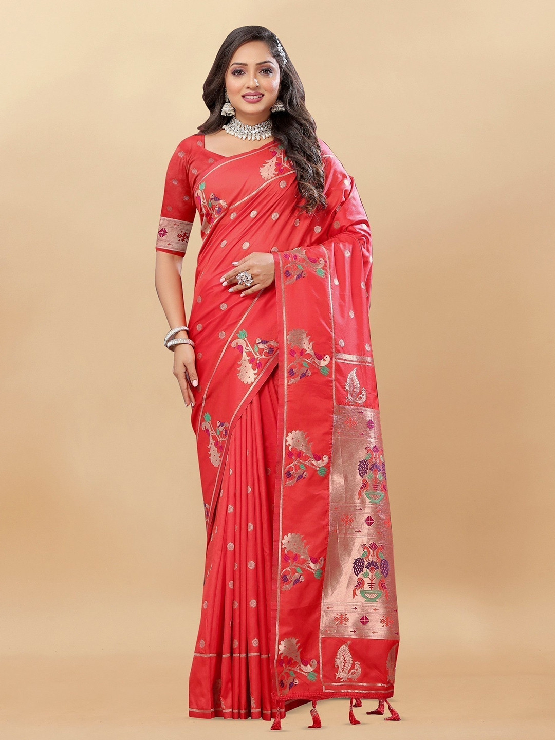 VISVASTA Woven Designer Zari Paithani Saree with Blouse Piece