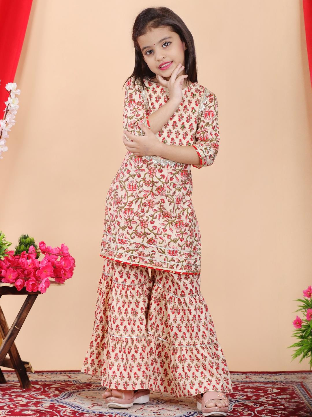 Flyfinns Girls Cotton Embroidered Kurta & Sharara Set