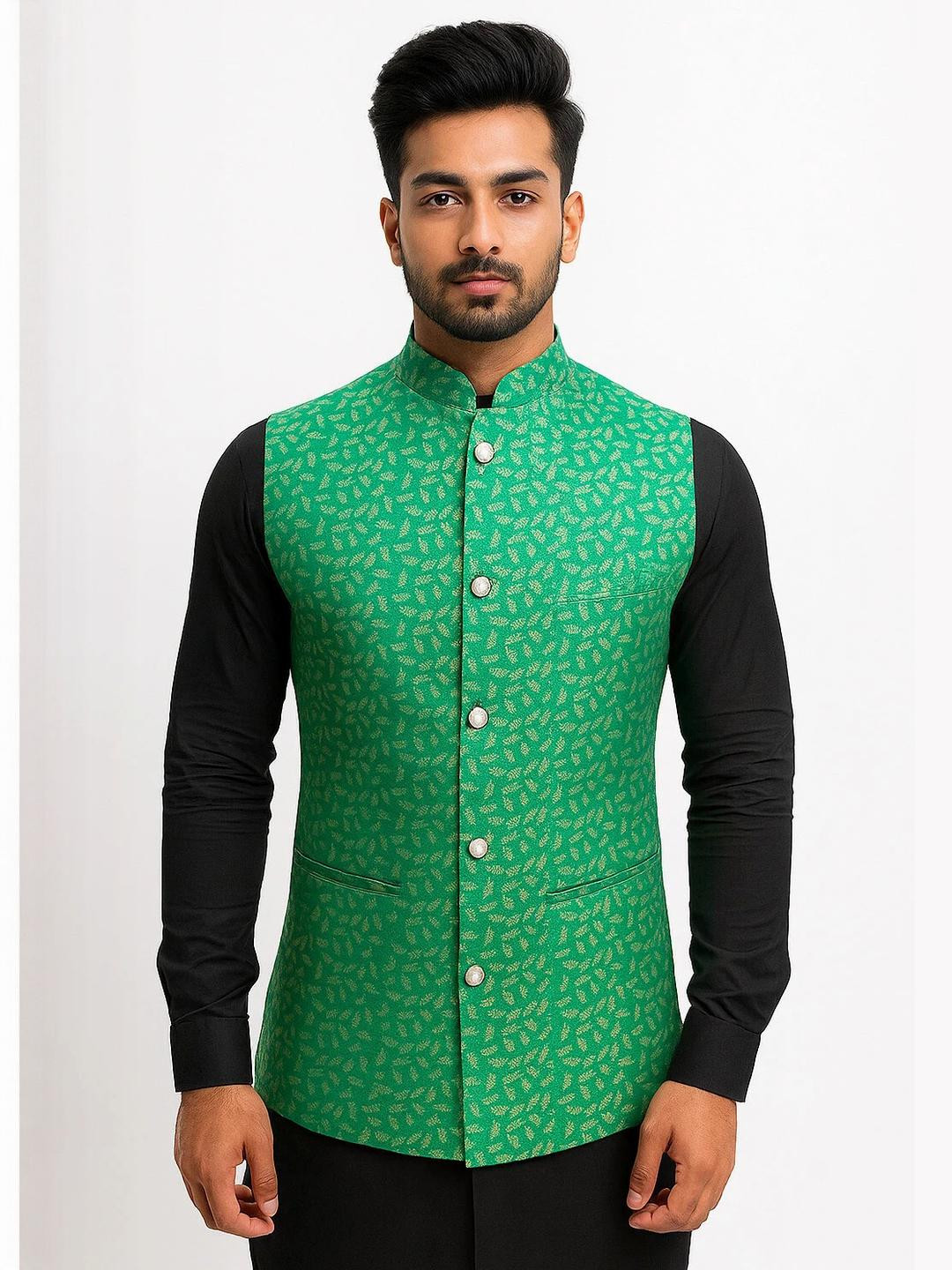 SHAHI ACHKAN Men Green Printed Nehru Jacket