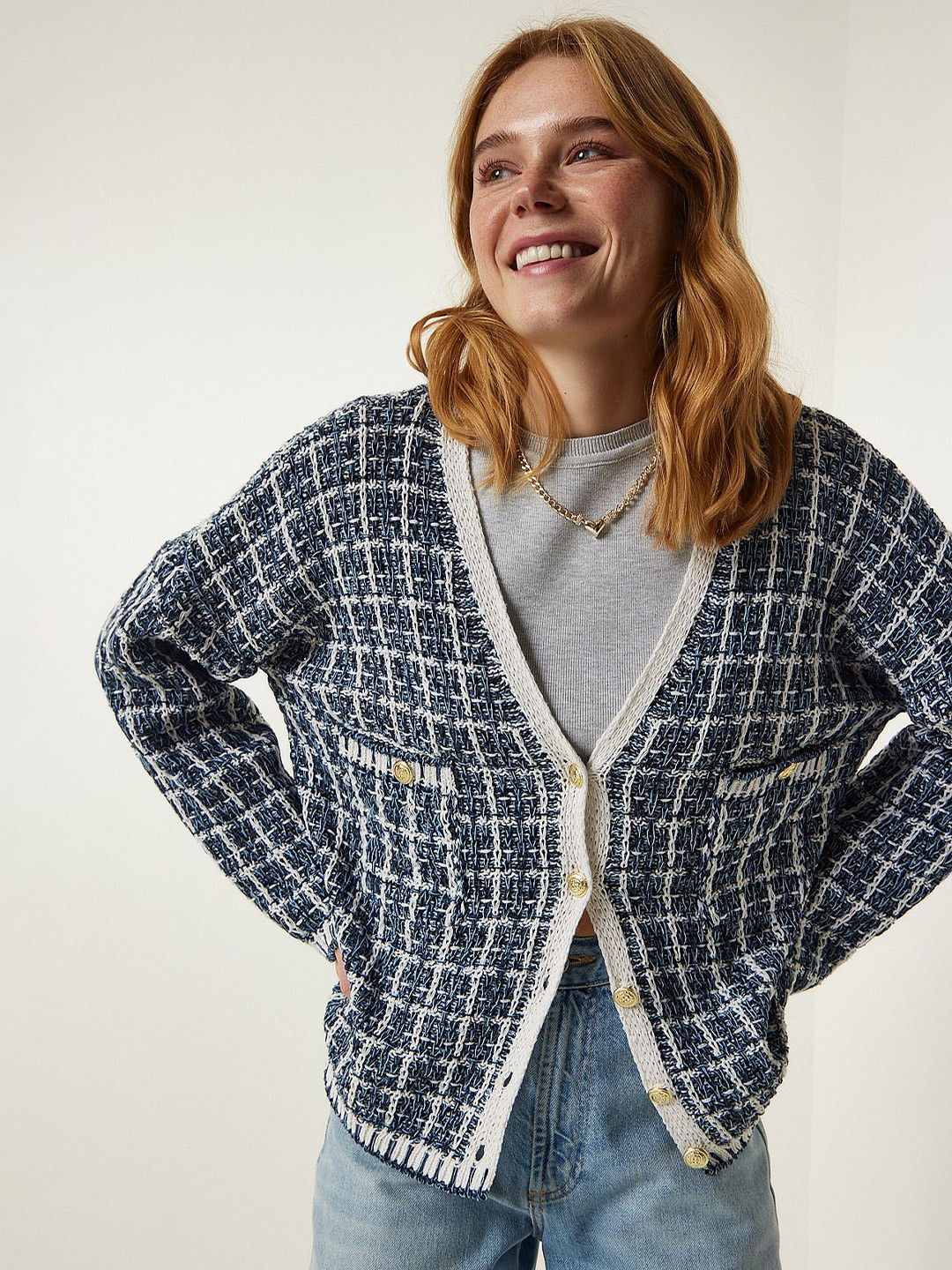 Happiness istanbul Women Self Design V Neck Long Sleeves Front Open Cardigan Sweaters