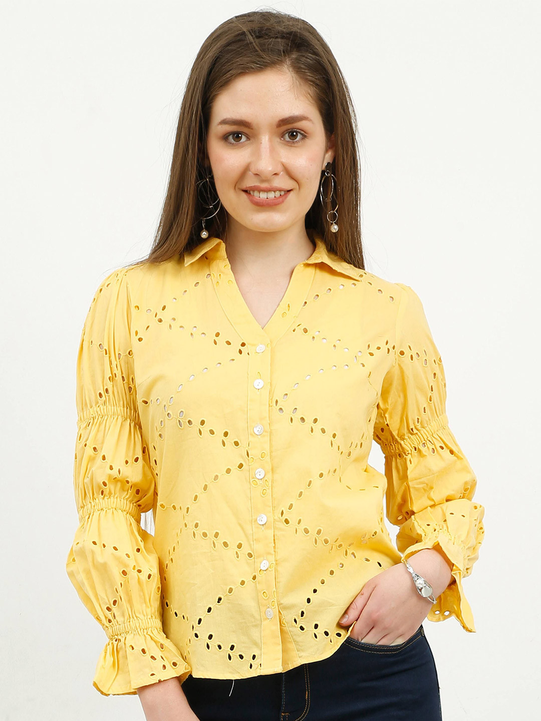 URBAN POCHE Women Cotton Ruched Sleeve Schiffli Shirt Style Top