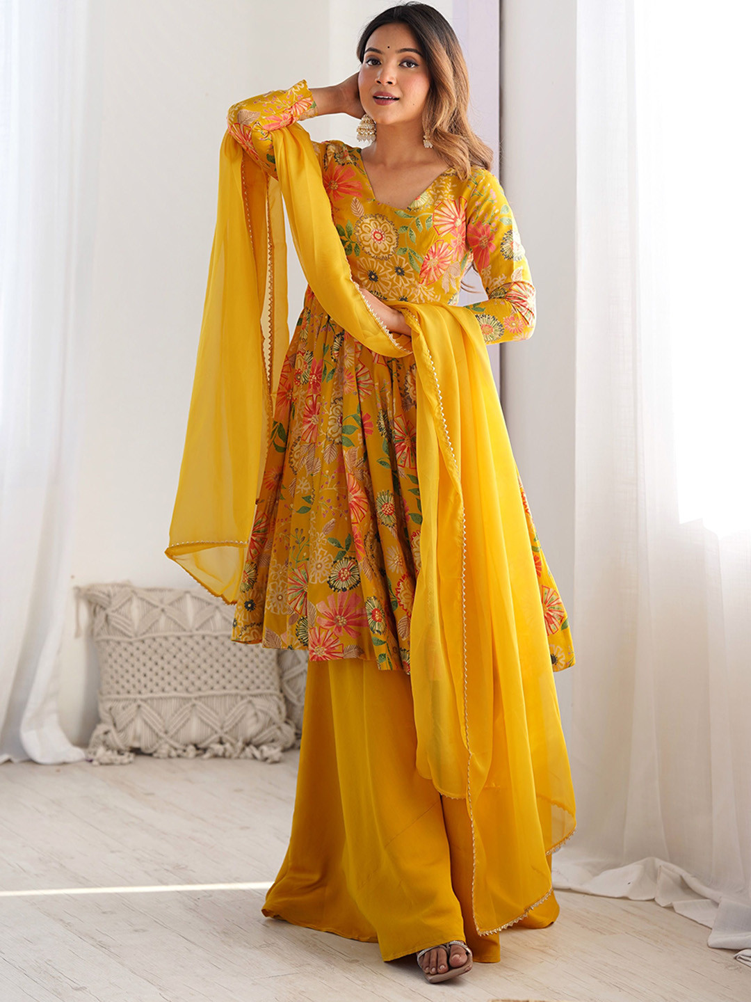 SWEETPEL Floral Printed Square Neck Thread Work Kurta With Sharara & Dupatta
