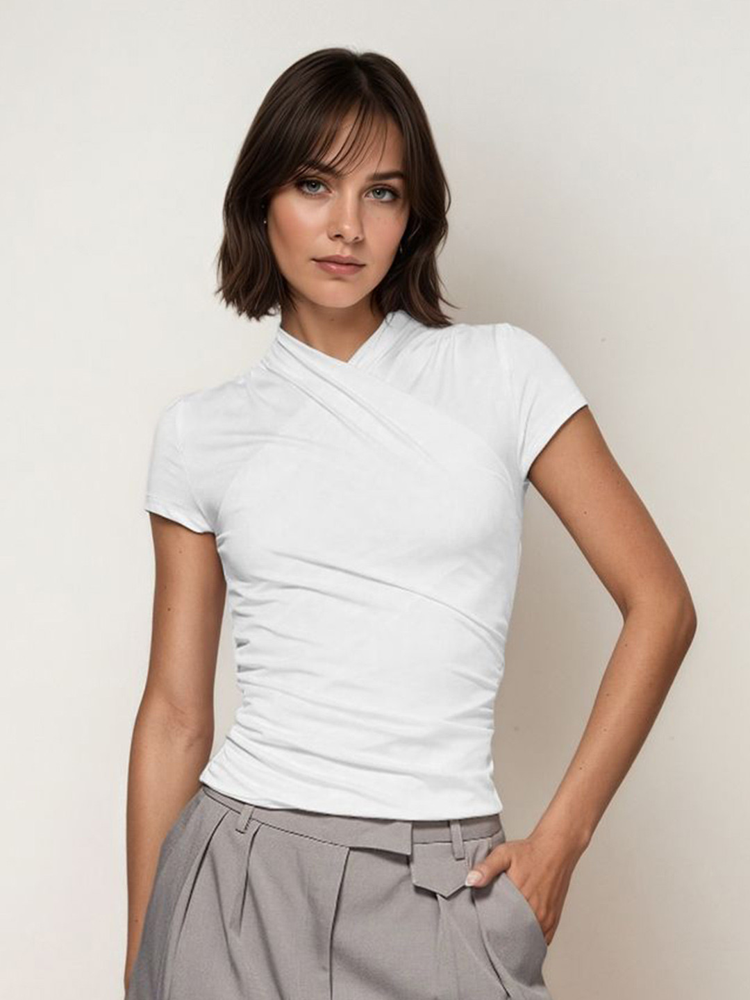 LULU & SKY Women Solid V-Neck Wrap Ruched Seam Slim Top