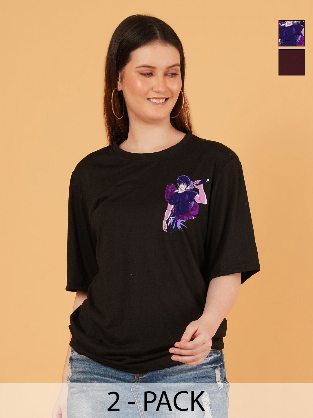 Kasendra Women Pack of 2 Jujutsu Kaisen Graphic Printed Round Neck Relaxed Fit T-shirts