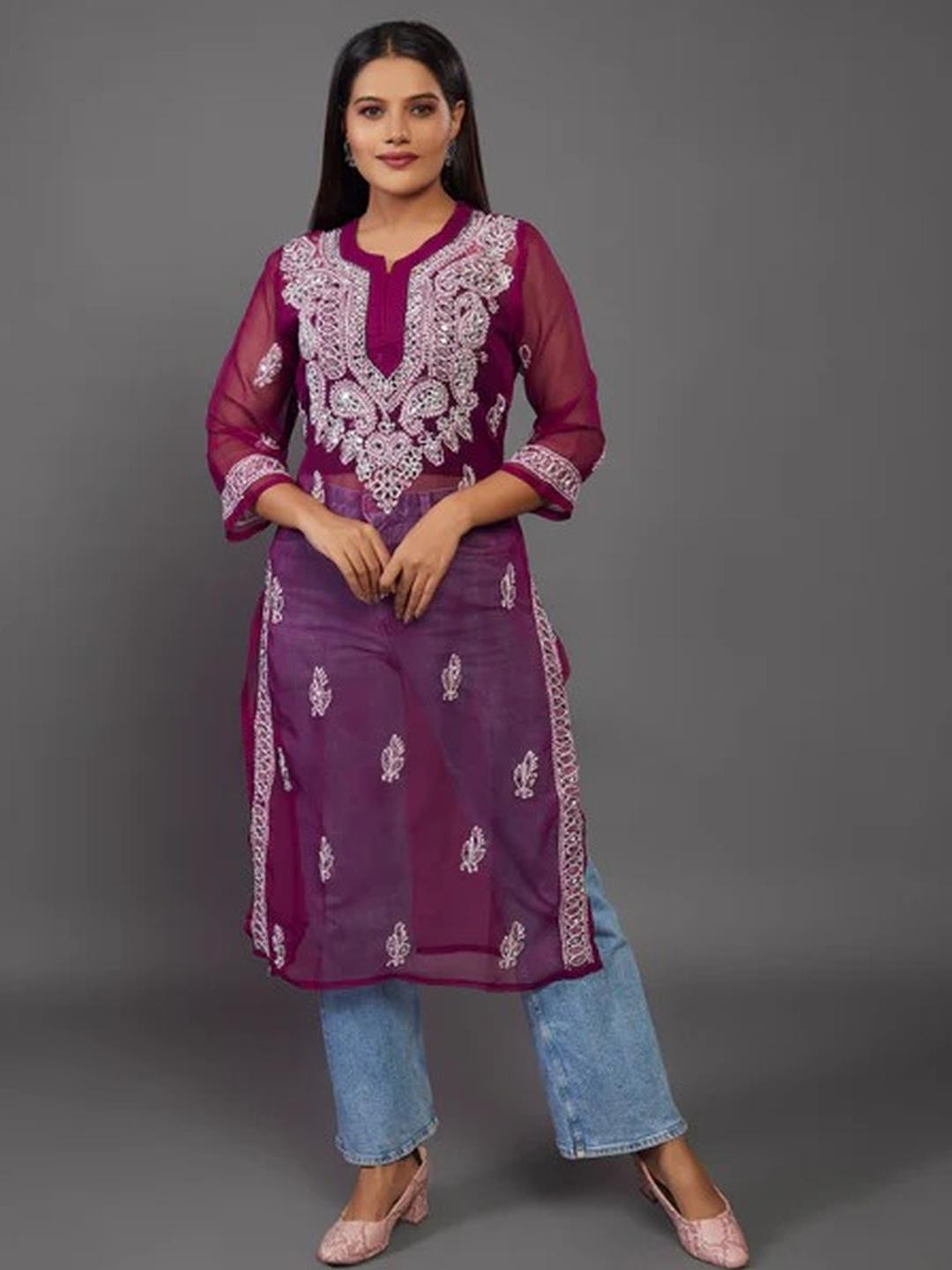 MALABIS Women Chikankari Embroidered Mirror Work Georgette Kurti