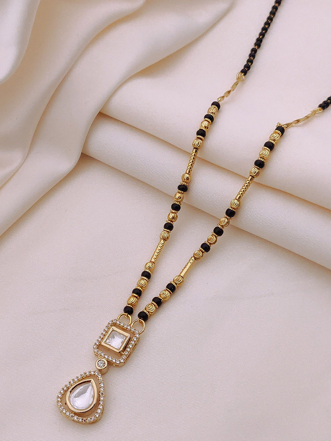 TKRB SALES Gold-Plated American Diamond Studded & Beaded Mangalsutra