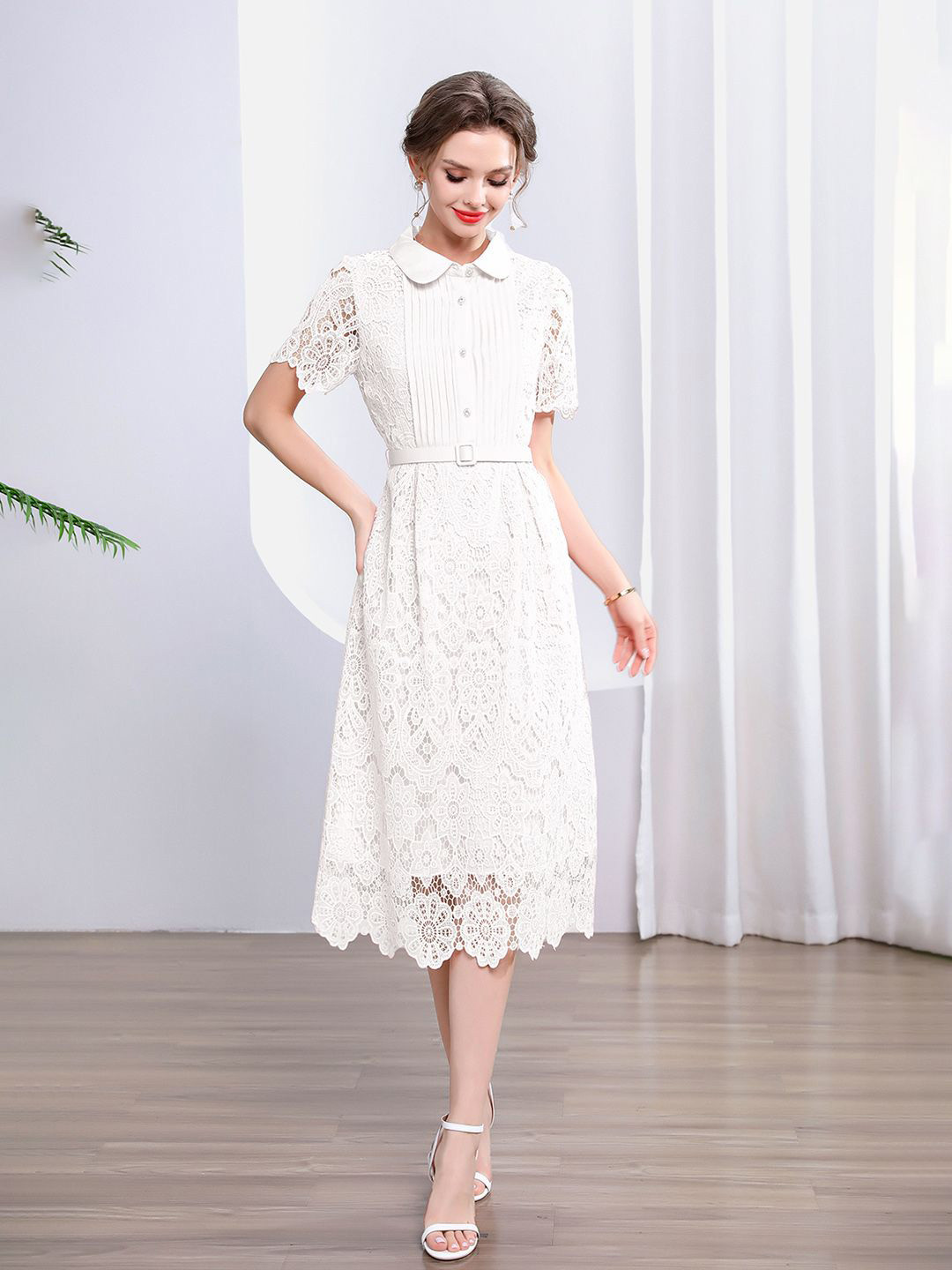 JC Collection Women Self Design Lace Insert Belted  A-Line Midi Dress