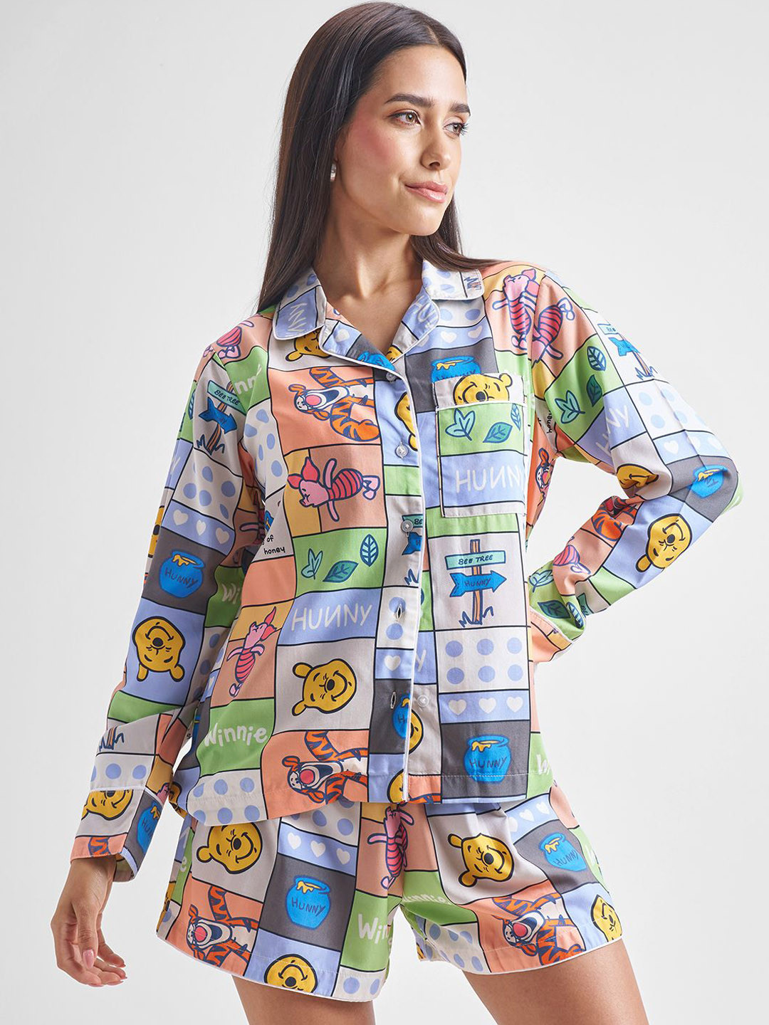 Tokyo Talkies Disney Winnie The Pooh Printed Lapel Collar Shirt With Shorts