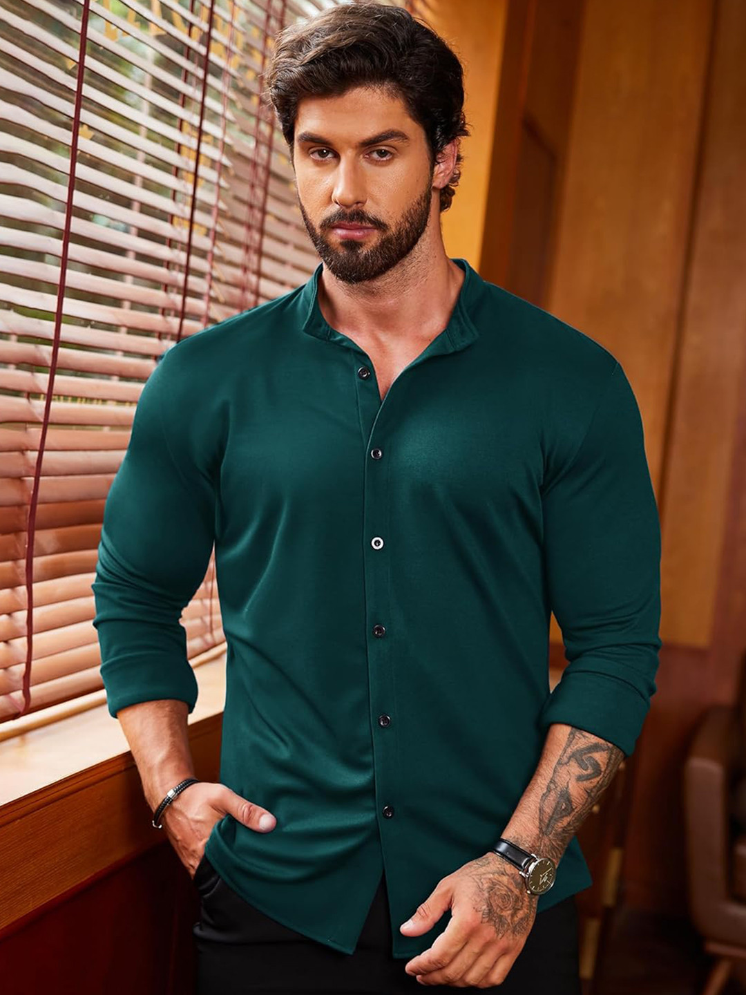ZARTHA Standard Comfort Fit Mandarin Collar Cotton Opaque Shirt