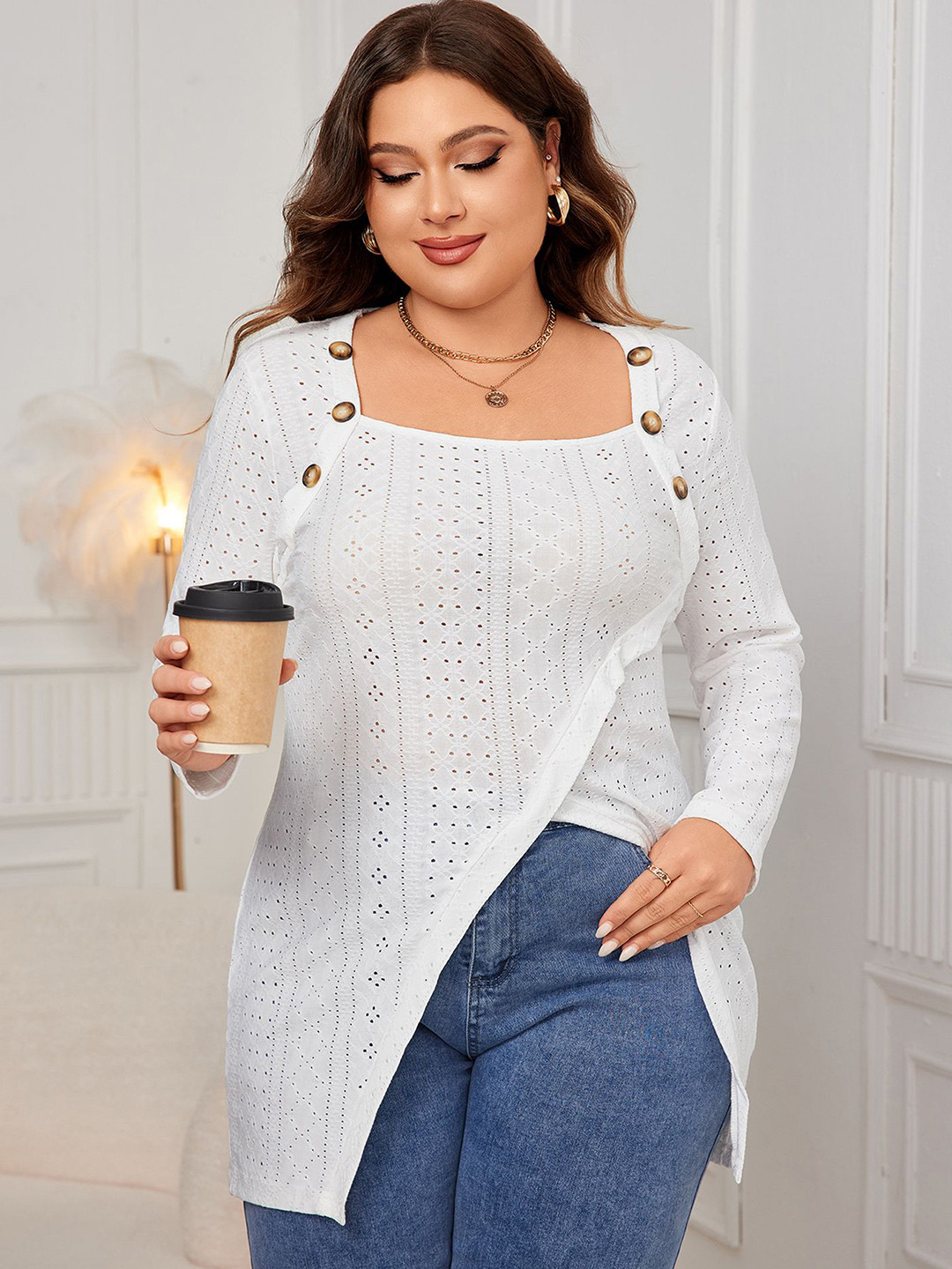 StyleCast Curve Women Schiffli Longline Wrap Top