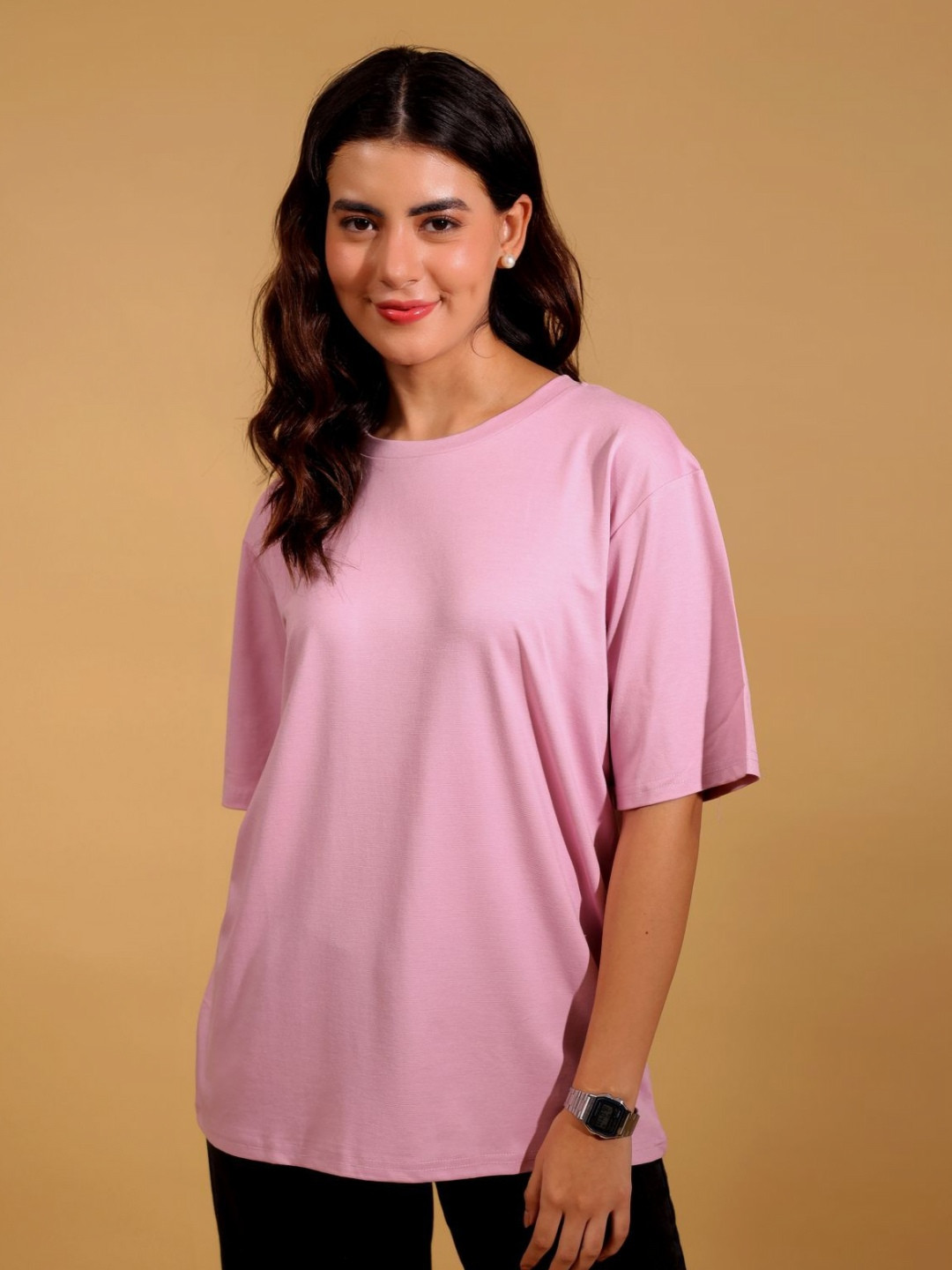 BAESD Blush Round Neck Drop-Shoulder Sleeves Oversized Pure Cotton T-shirt