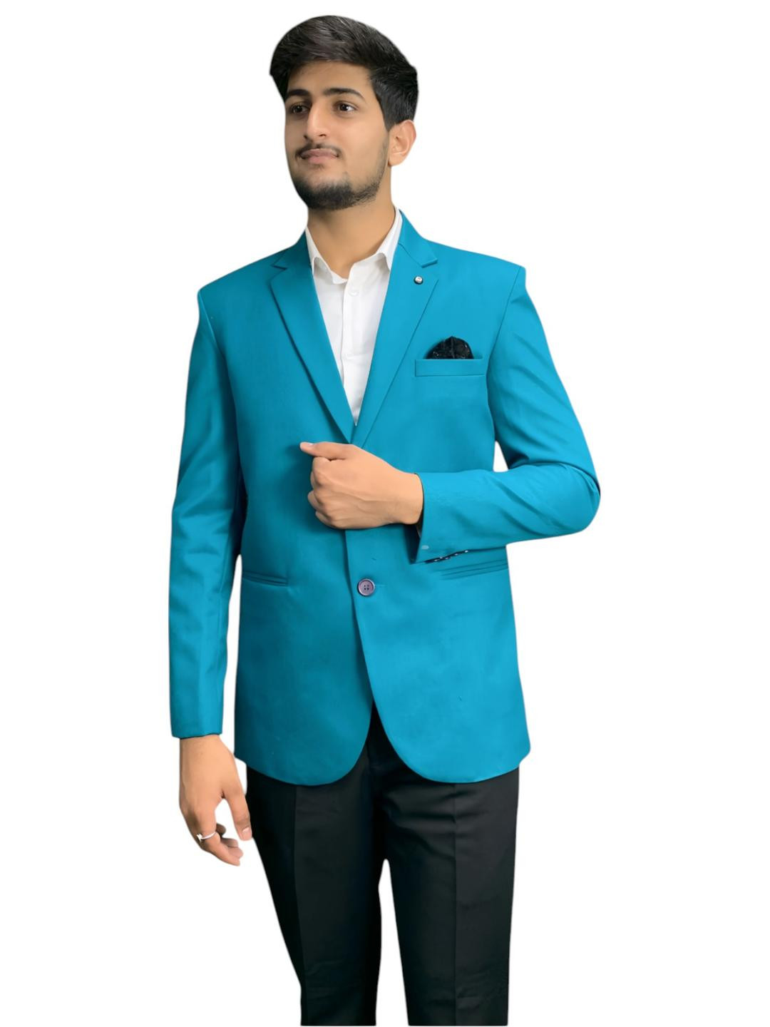 GARGIAN Master Cut Men Turquoise Blue Notched Lapel Collar Blazer