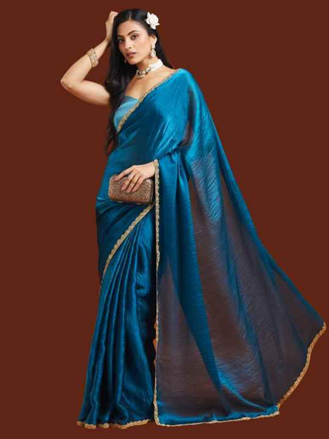 LOROFY Two Toned Saree with Embroidered Beads & Stone Work Border